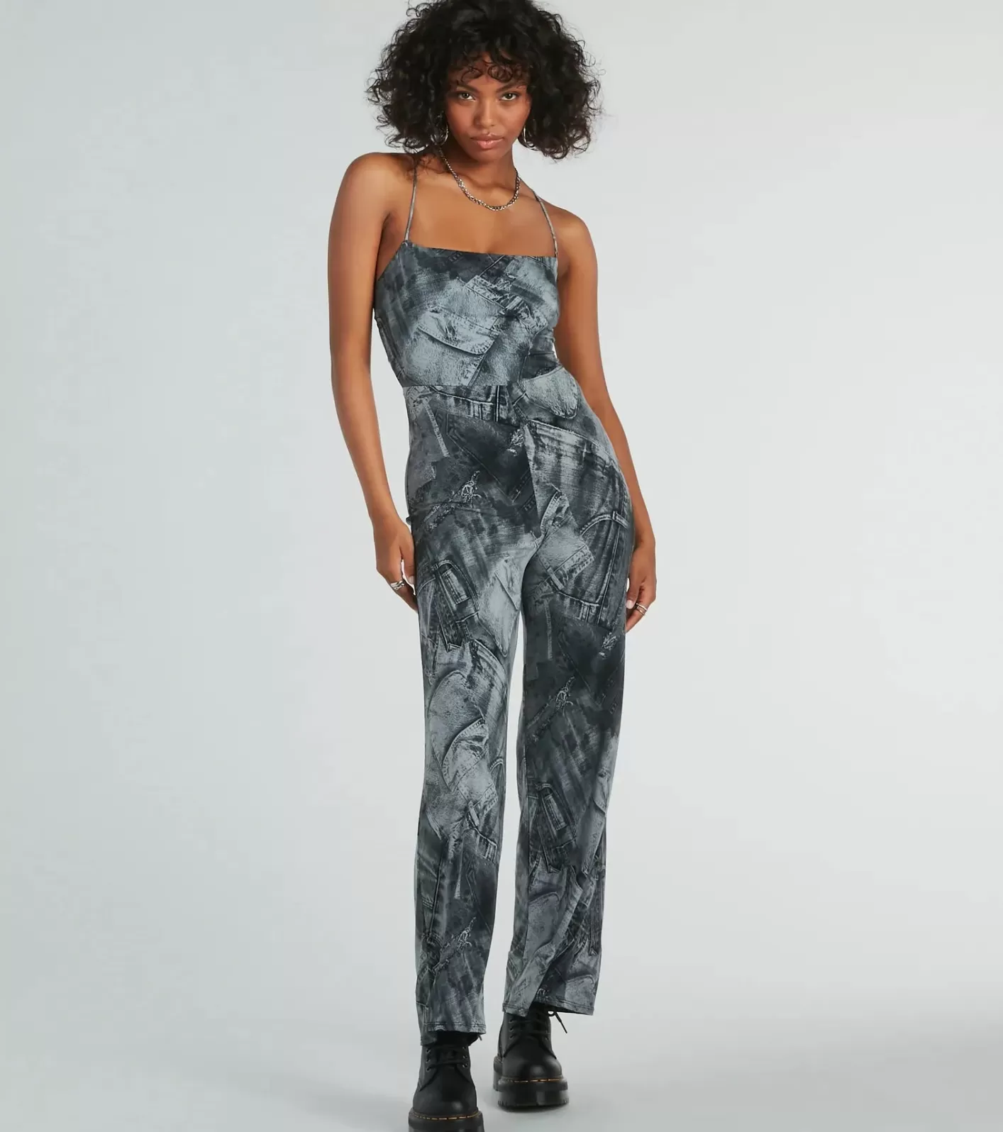 Windsor Got Em' Tripping Lace-Up Denim Print Jumpsuit BLUE New