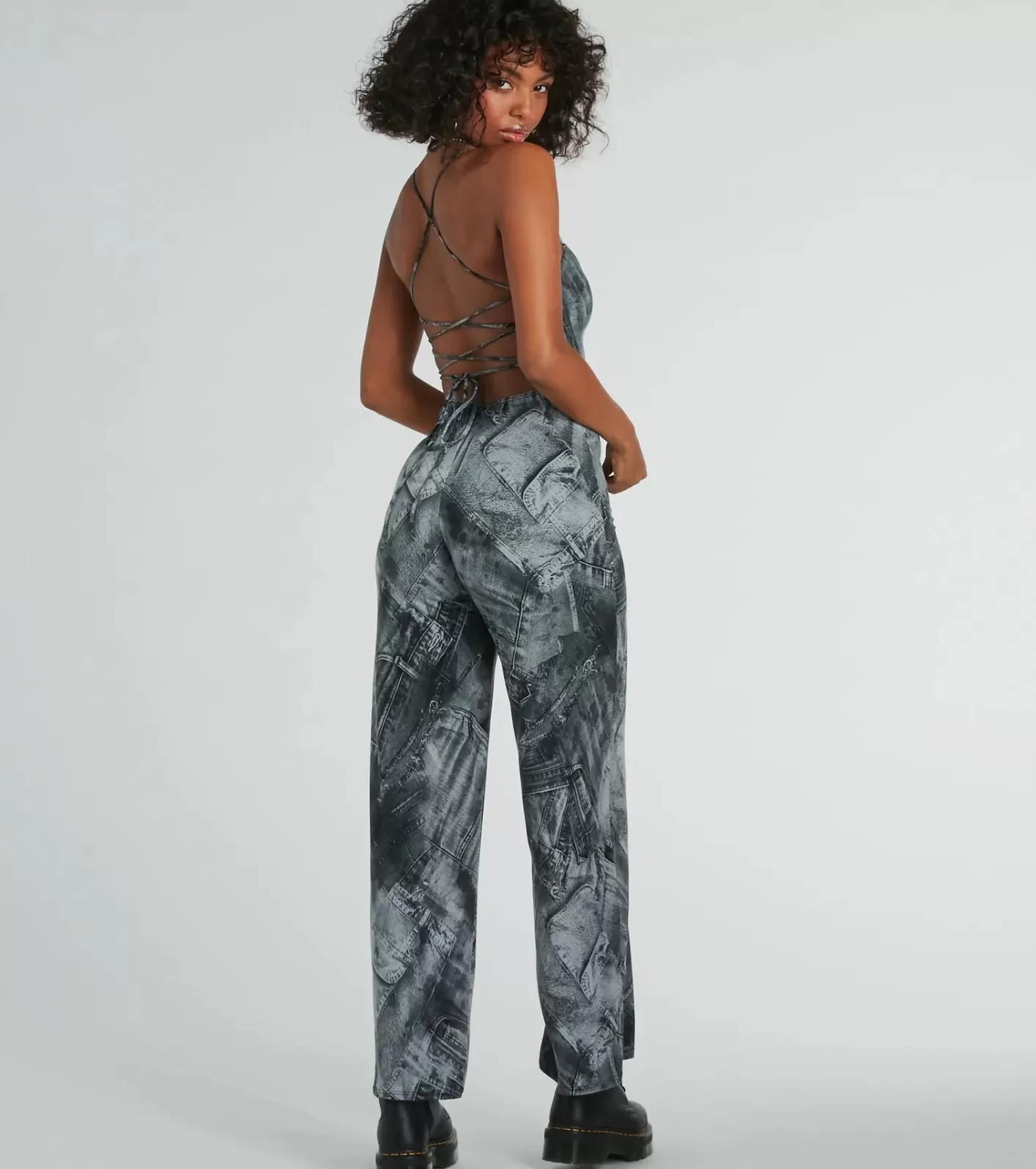 Windsor Got Em' Tripping Lace-Up Denim Print Jumpsuit BLUE New