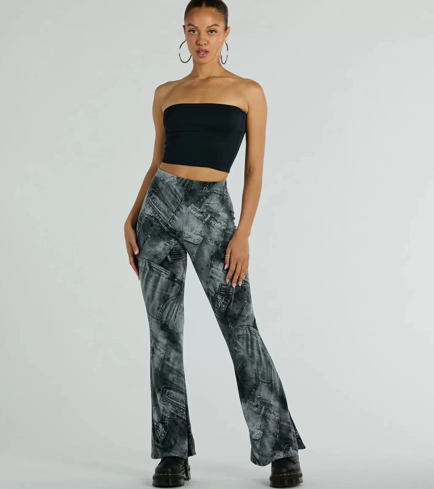 Windsor Got The s High Rise Denim Print Flare Pants BLUE Outlet