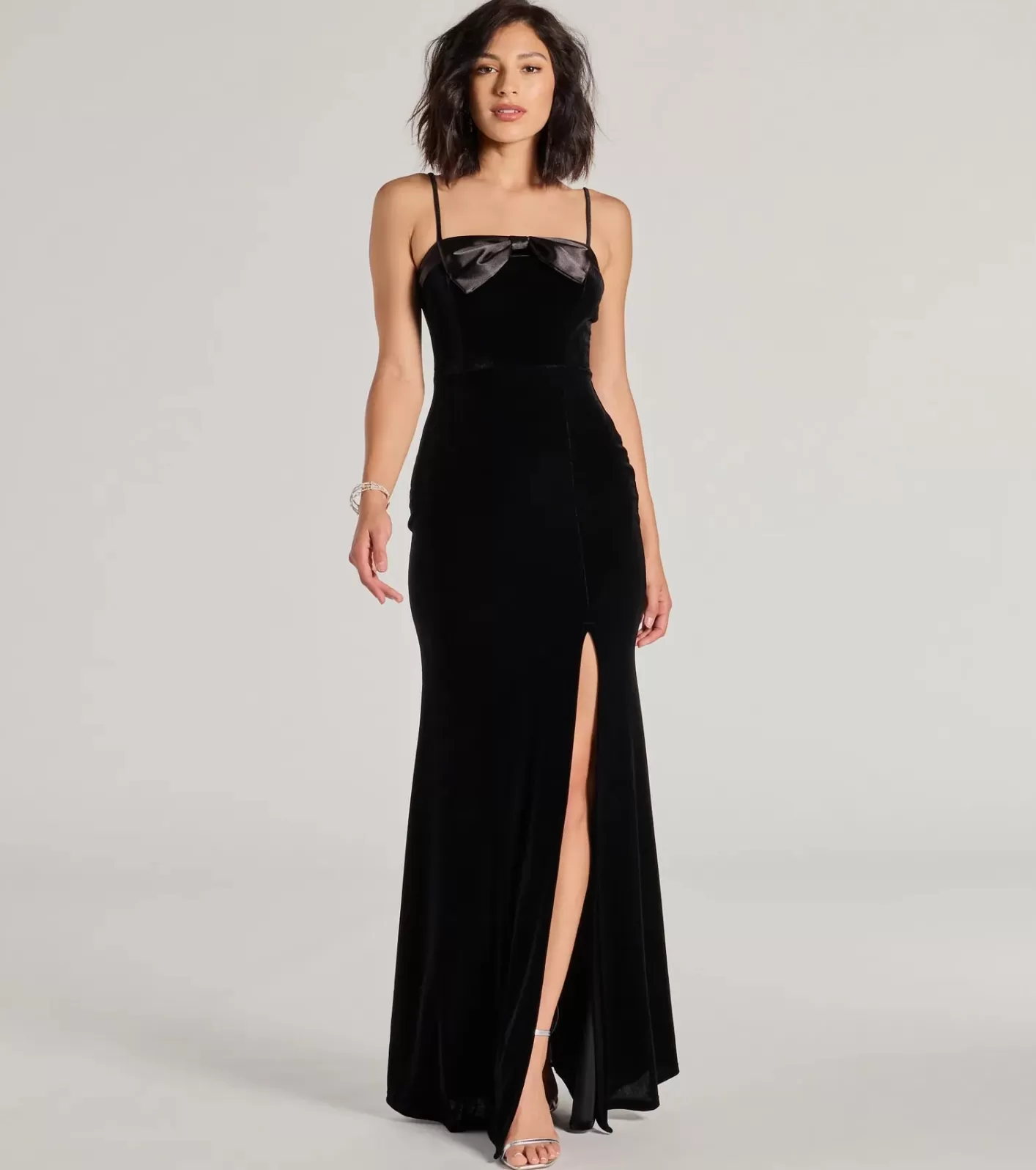Windsor Gracie Velvet and Bow High Slit Mermaid Dress BLACK Cheap
