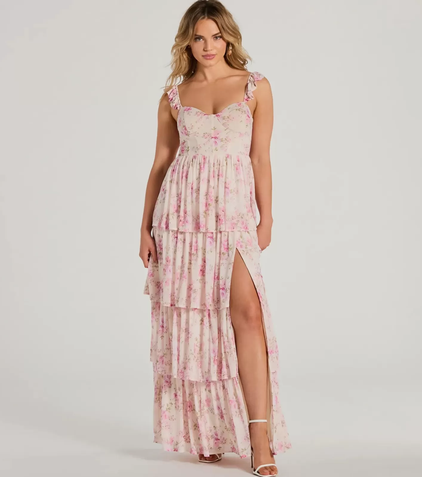Windsor Gwen Sweetheart Ruffle Floral A-Line Formal Dress PINK Outlet