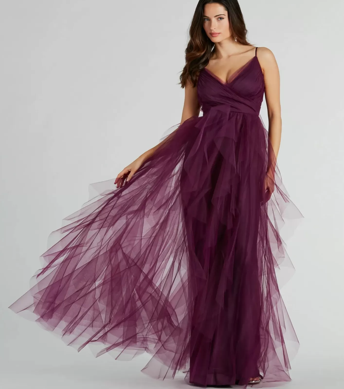 Windsor Hadley V-Neck Ruffled A-Line Tulle Formal Dress EGGPLANT Best Sale