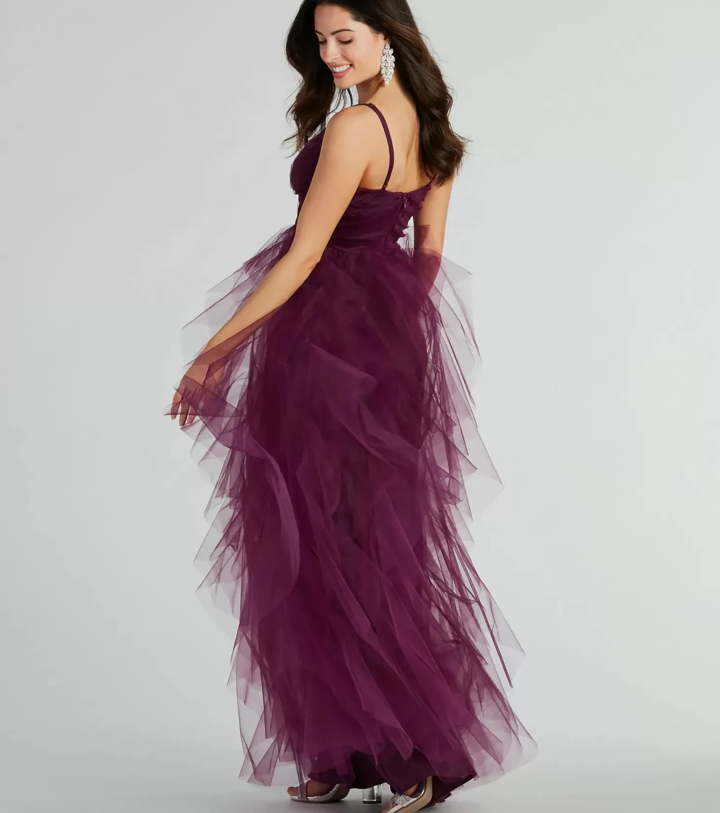 Windsor Hadley V-Neck Ruffled A-Line Tulle Formal Dress EGGPLANT Best Sale