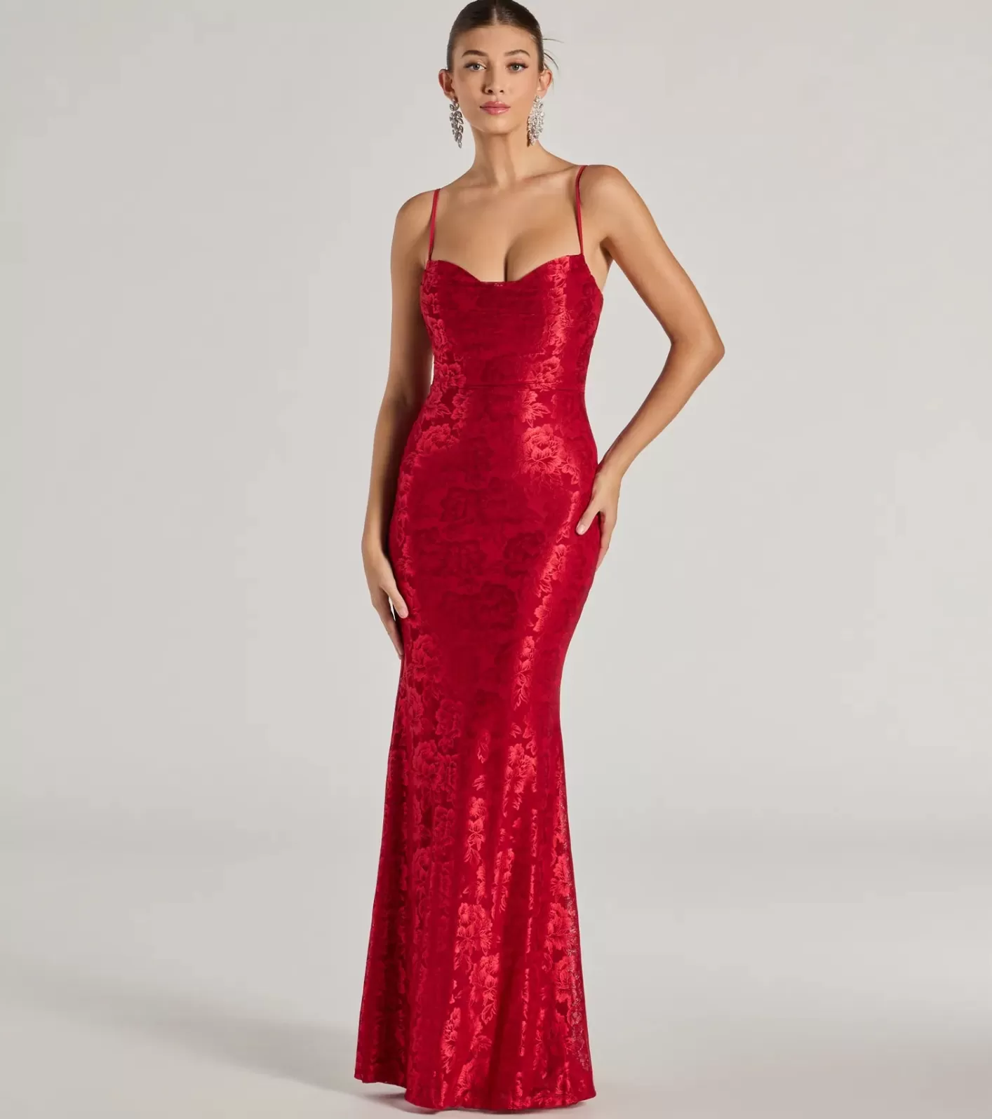 Windsor Haisley Open Back Floral Lace Mermaid Dress RED Shop