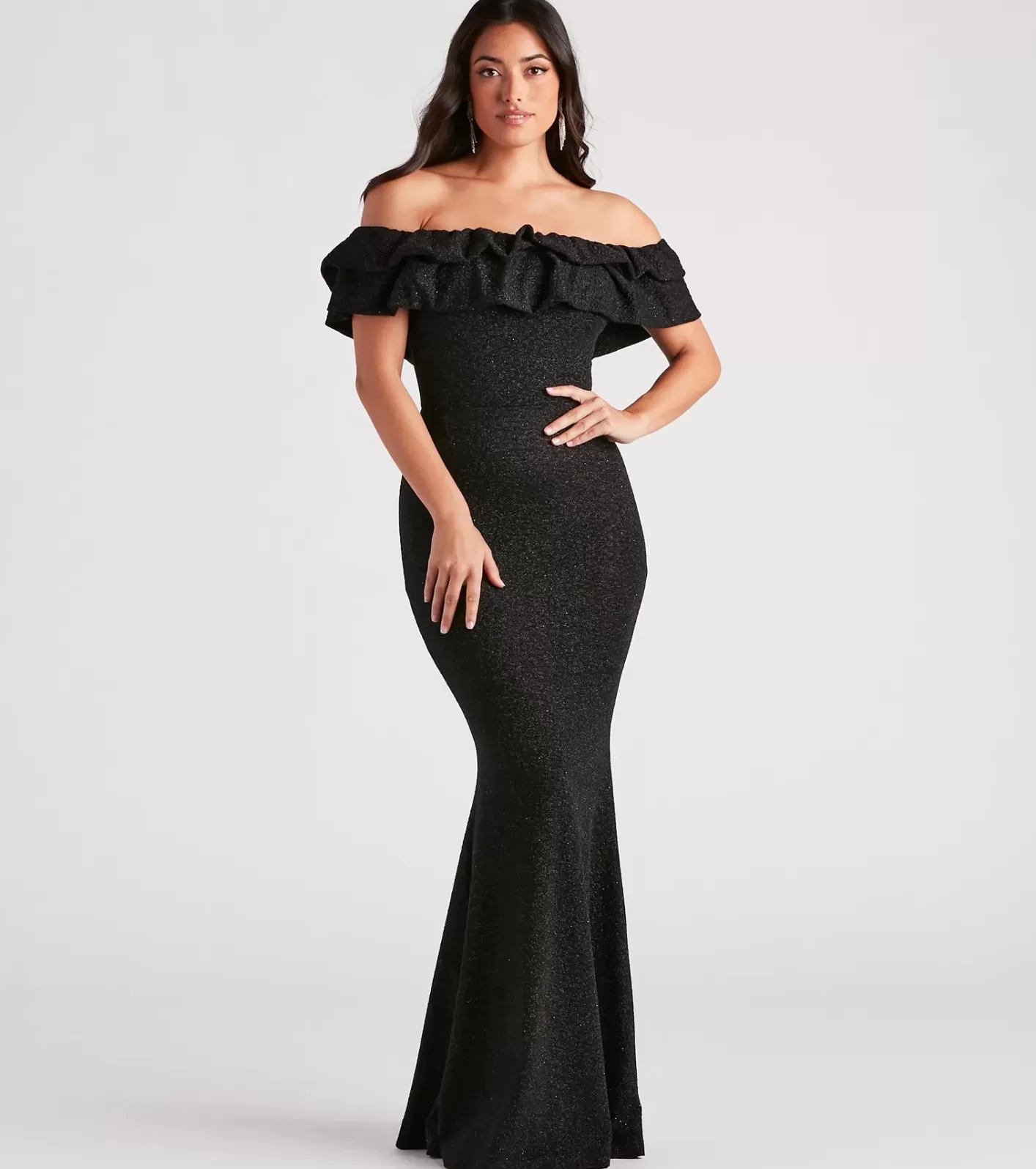 Windsor Halsey Formal Glitter Ruffled Mermaid Dress BLACK Shop