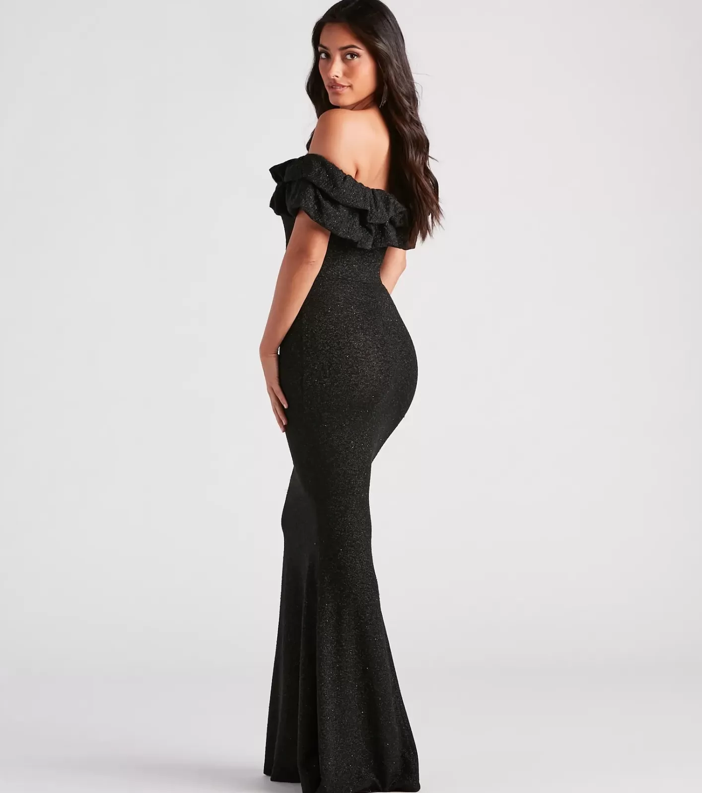 Windsor Halsey Formal Glitter Ruffled Mermaid Dress BLACK Shop