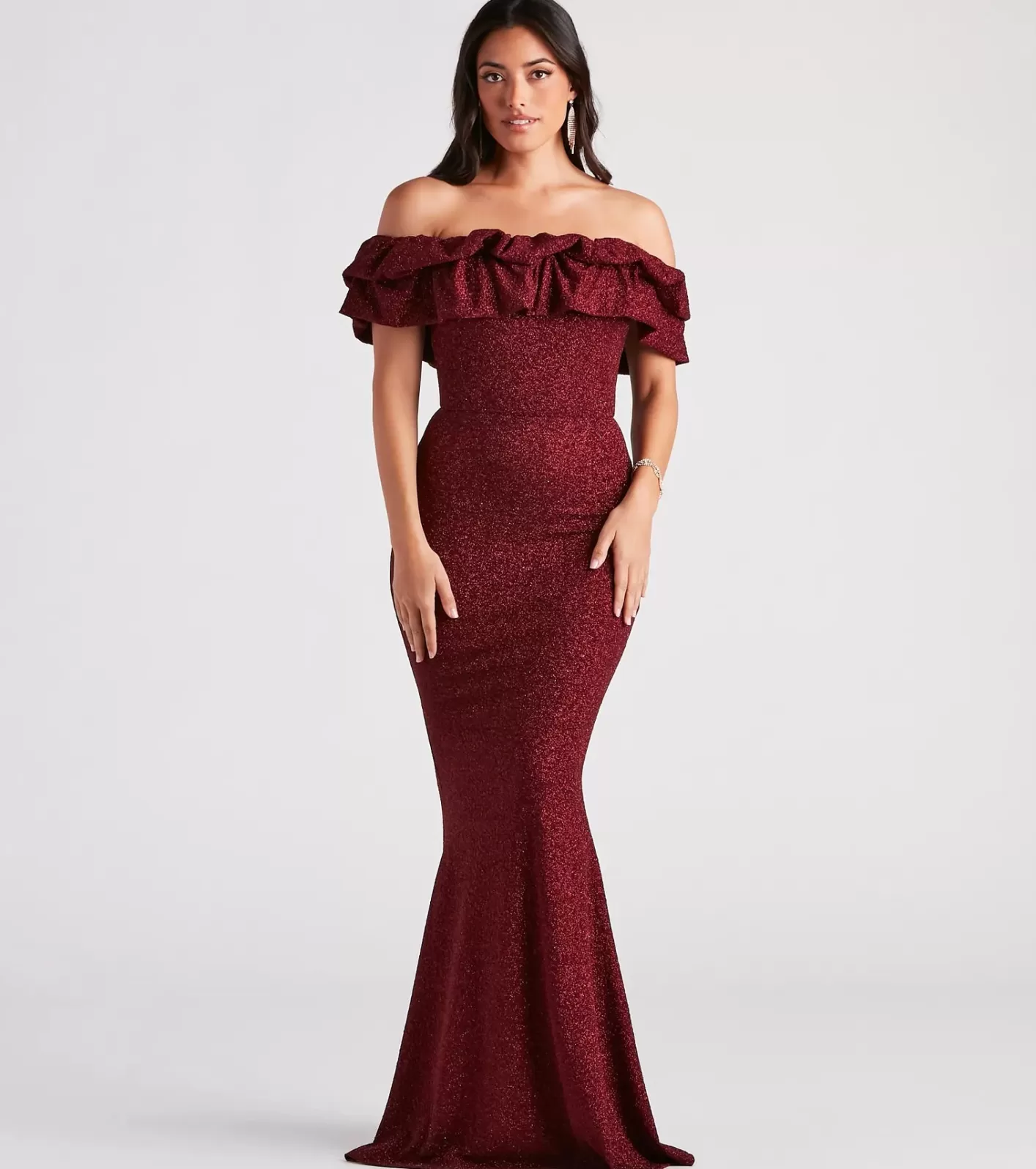 Windsor Halsey Formal Glitter Ruffled Mermaid Dress WINE New