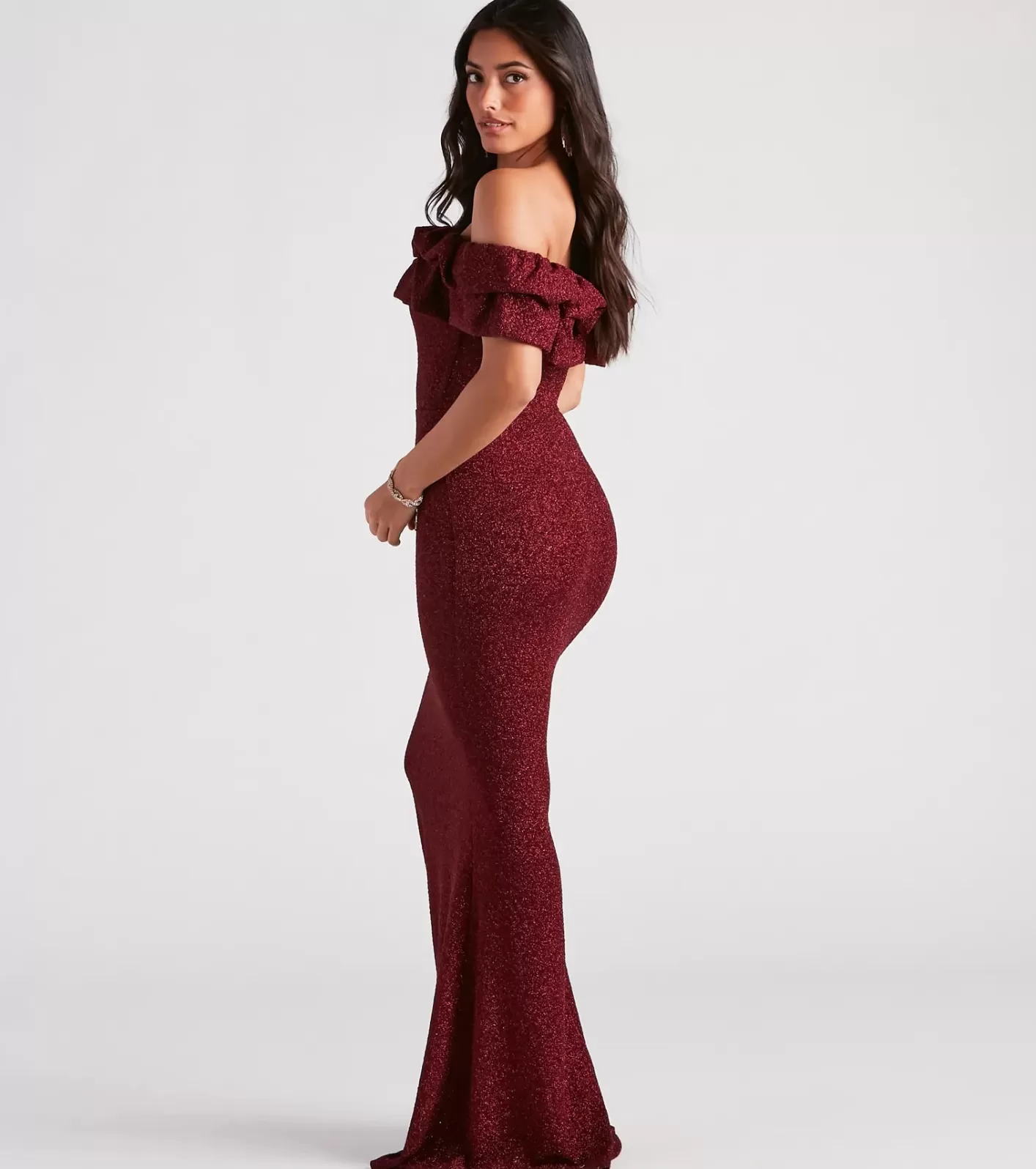 Windsor Halsey Formal Glitter Ruffled Mermaid Dress WINE New