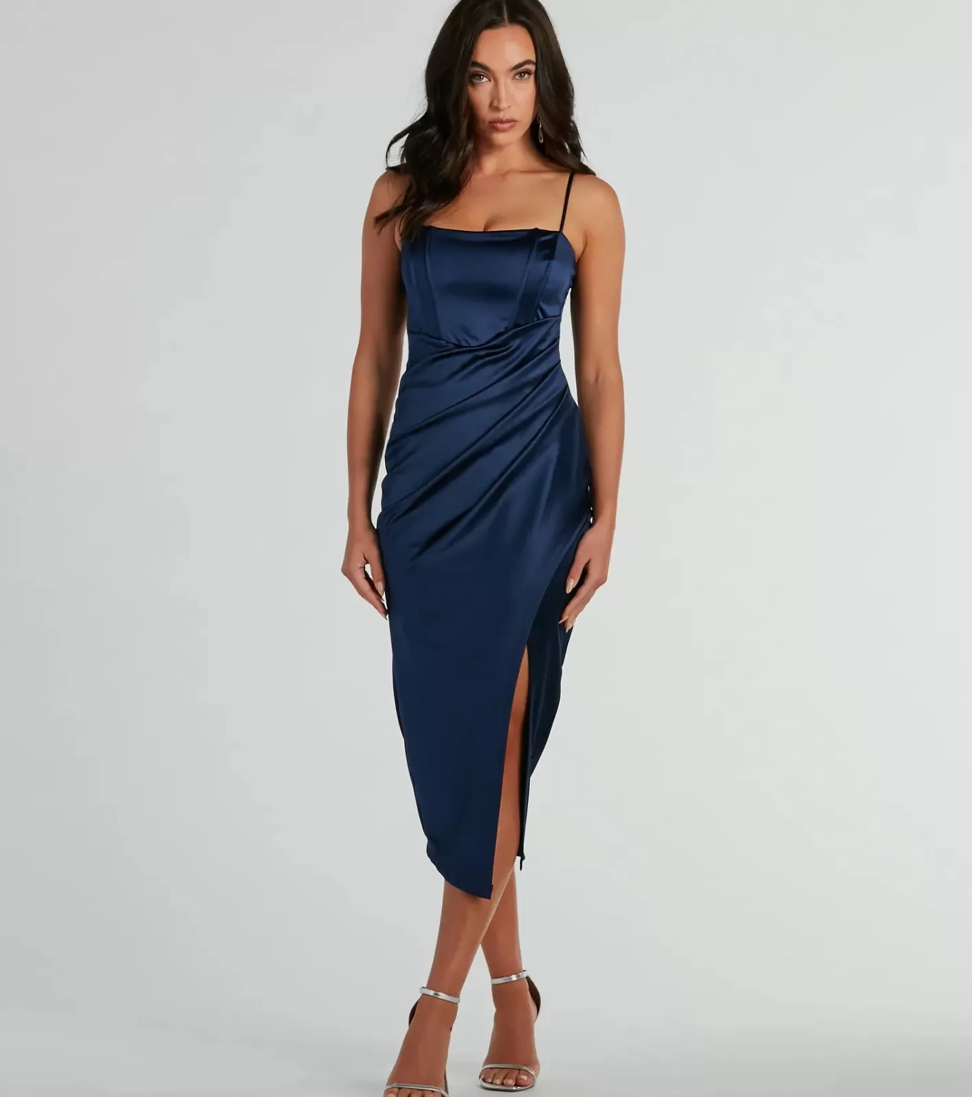 Windsor Harriet Formal Satin Corset Midi Dress NAVY Cheap