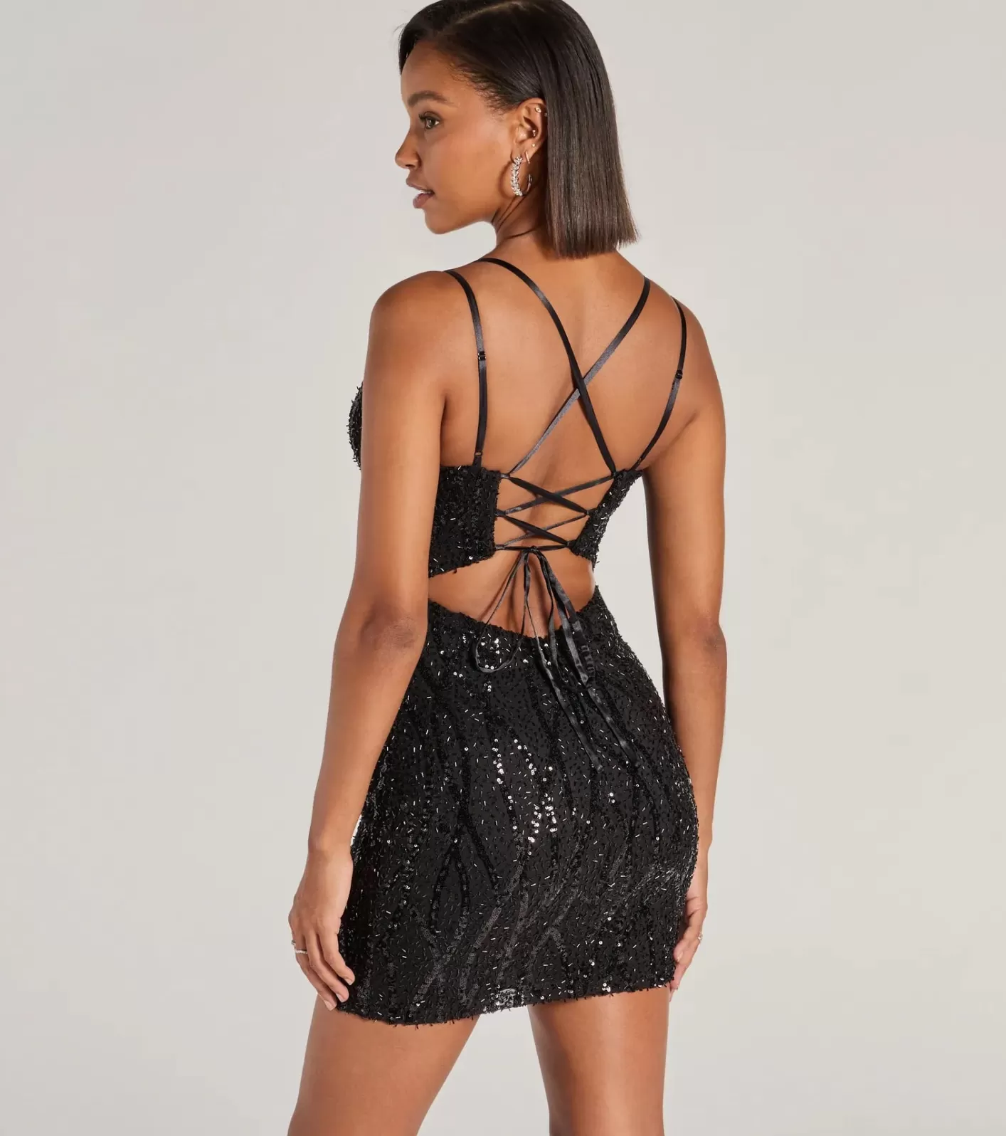 Windsor Hartley Lace-Up Sequin Mesh Bodycon Mini Dress BLACK Fashion