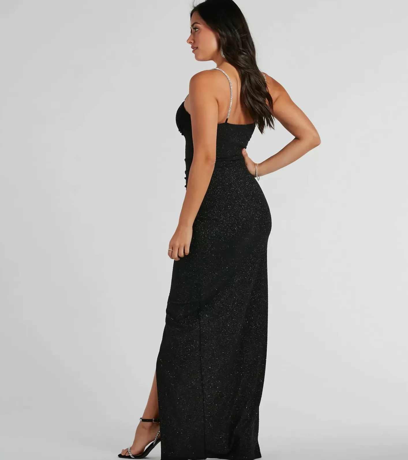 Windsor Hilary Rhinestone Strap Slit Glitter Formal Dress BLACK Best Sale