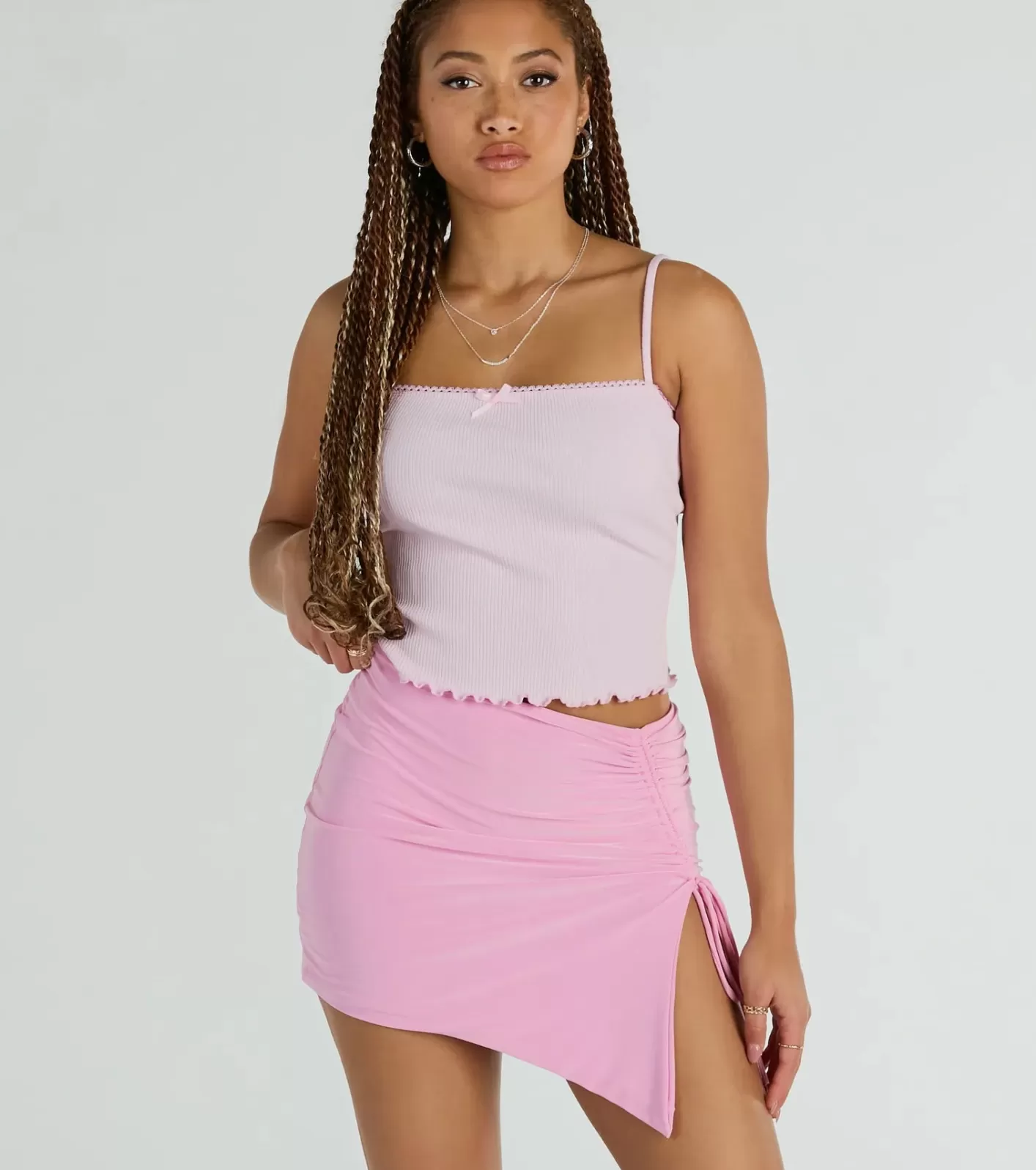 Windsor Hold It Down Ruched Asymmetrical Mini Skirt PINK Fashion