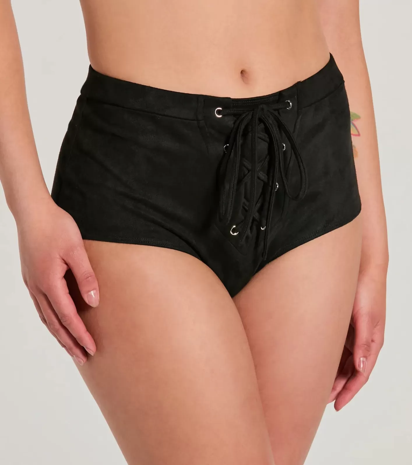 Windsor Hottie On The Fly Lace-Up Faux Suede Micro Shorts BLACK New