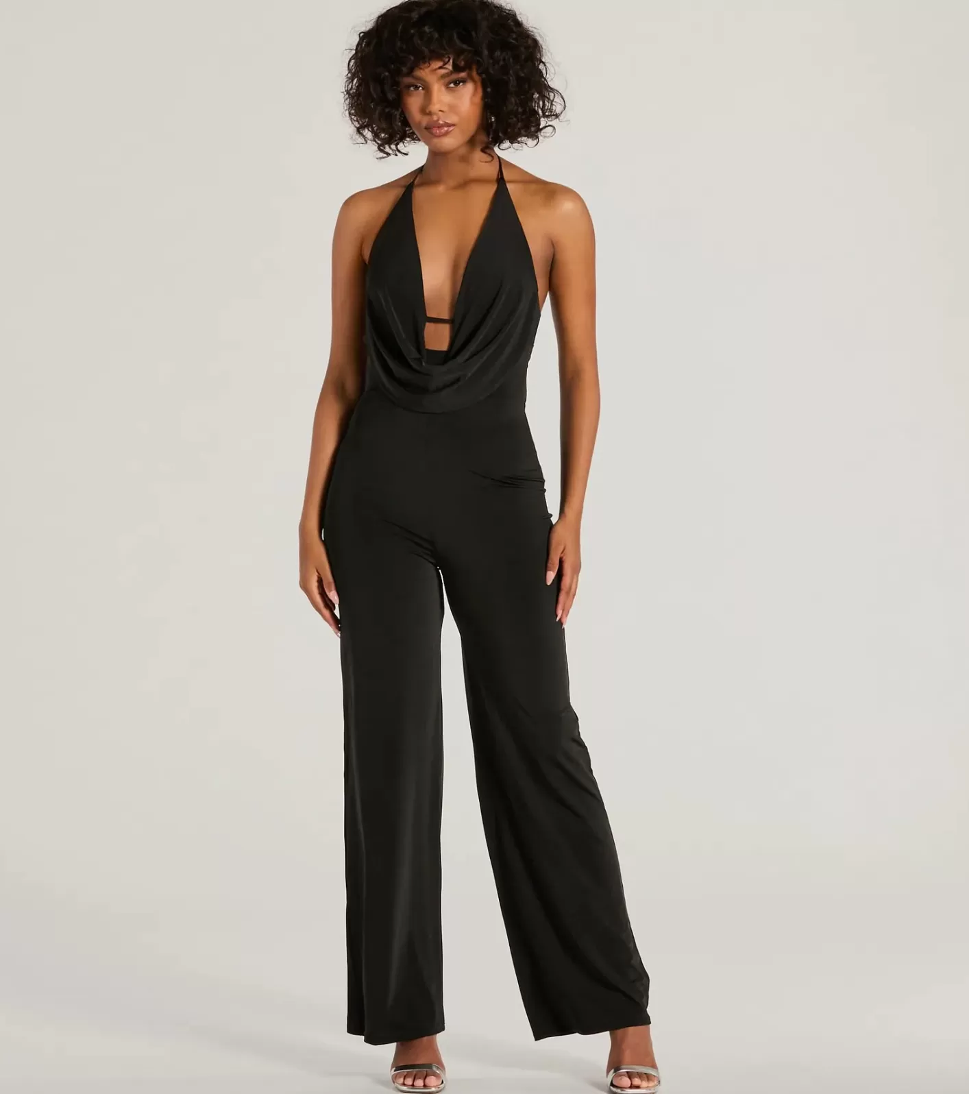 Windsor Impressive Momemt Cowl Neck Strappy Wide-Leg Jumpsuit BLACK Clearance
