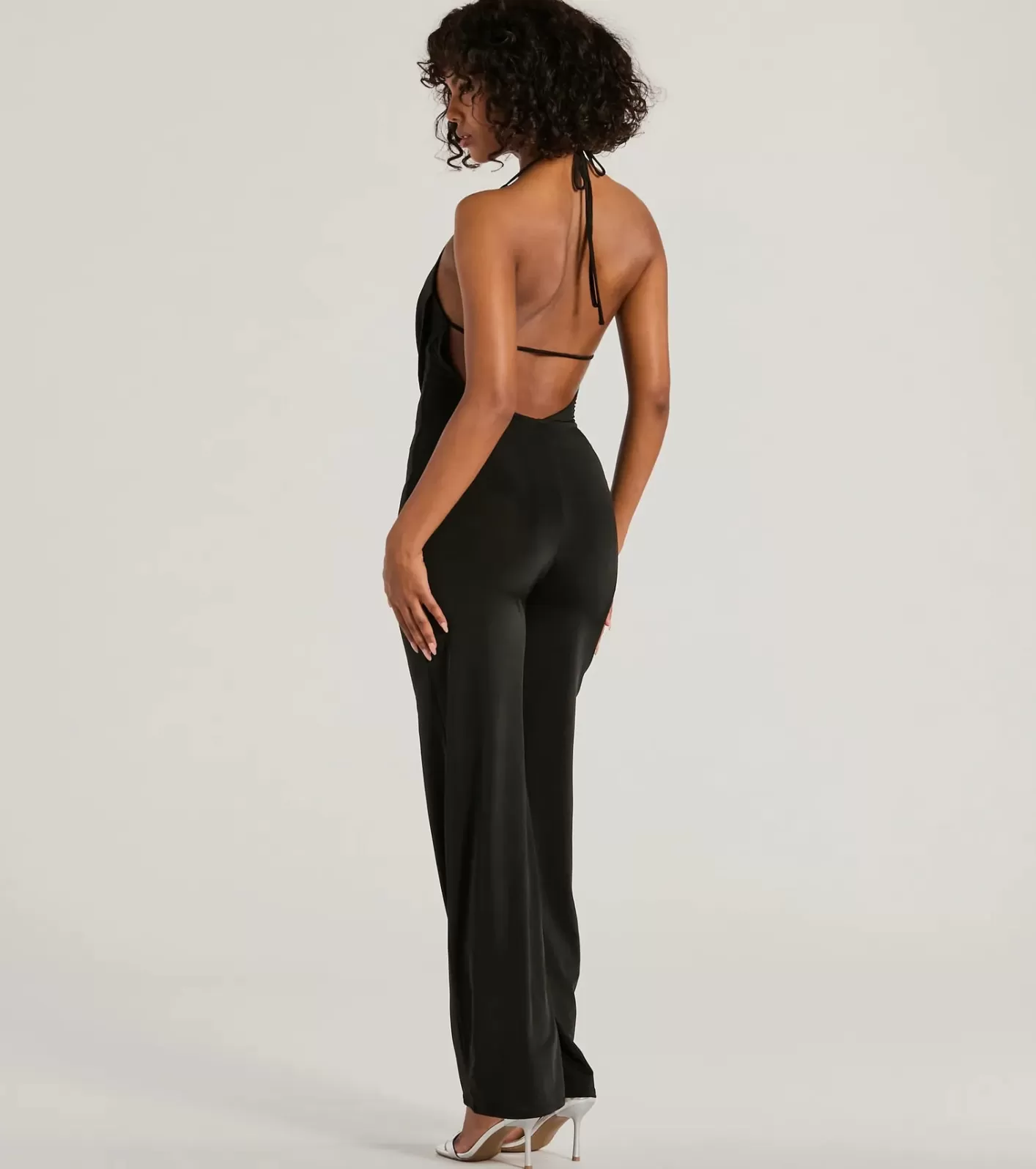 Windsor Impressive Momemt Cowl Neck Strappy Wide-Leg Jumpsuit BLACK Clearance