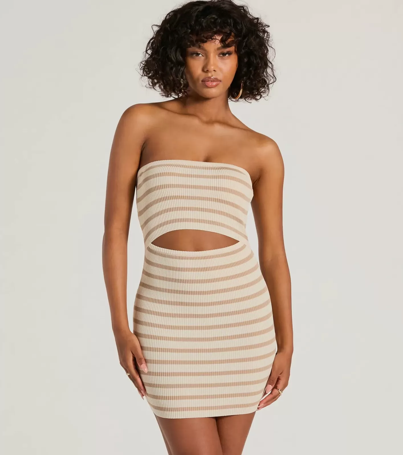 Windsor In A Daze Strapless Cutout Striped Knit Mini Dress NUDE Cheap