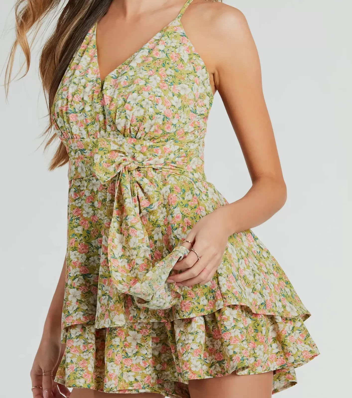 Windsor In My Element V-Neck Bow Ruffled Floral Romper SAGE Clearance