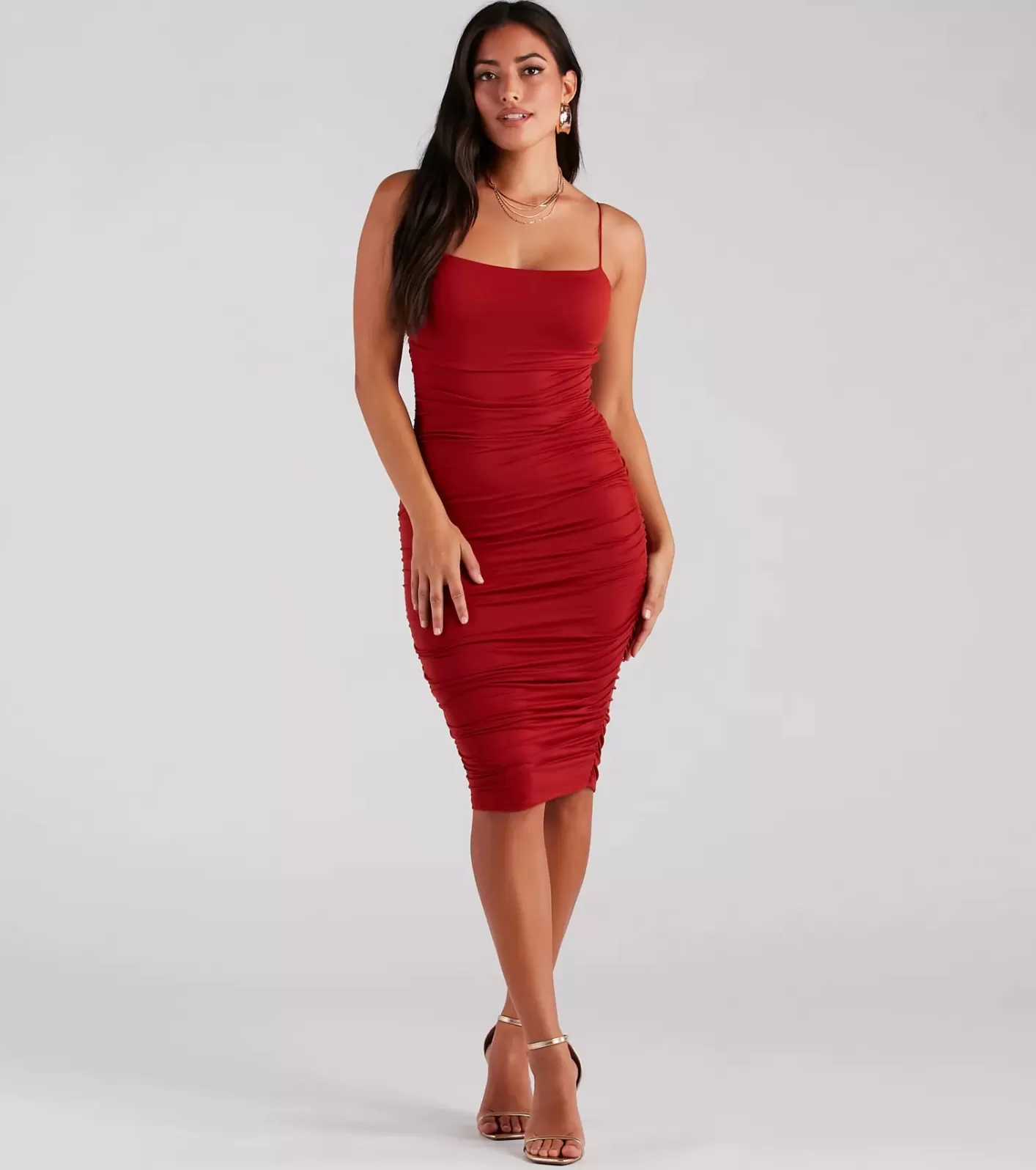 Windsor In The Details Basic Ruched Midi Dress RUST Cheap