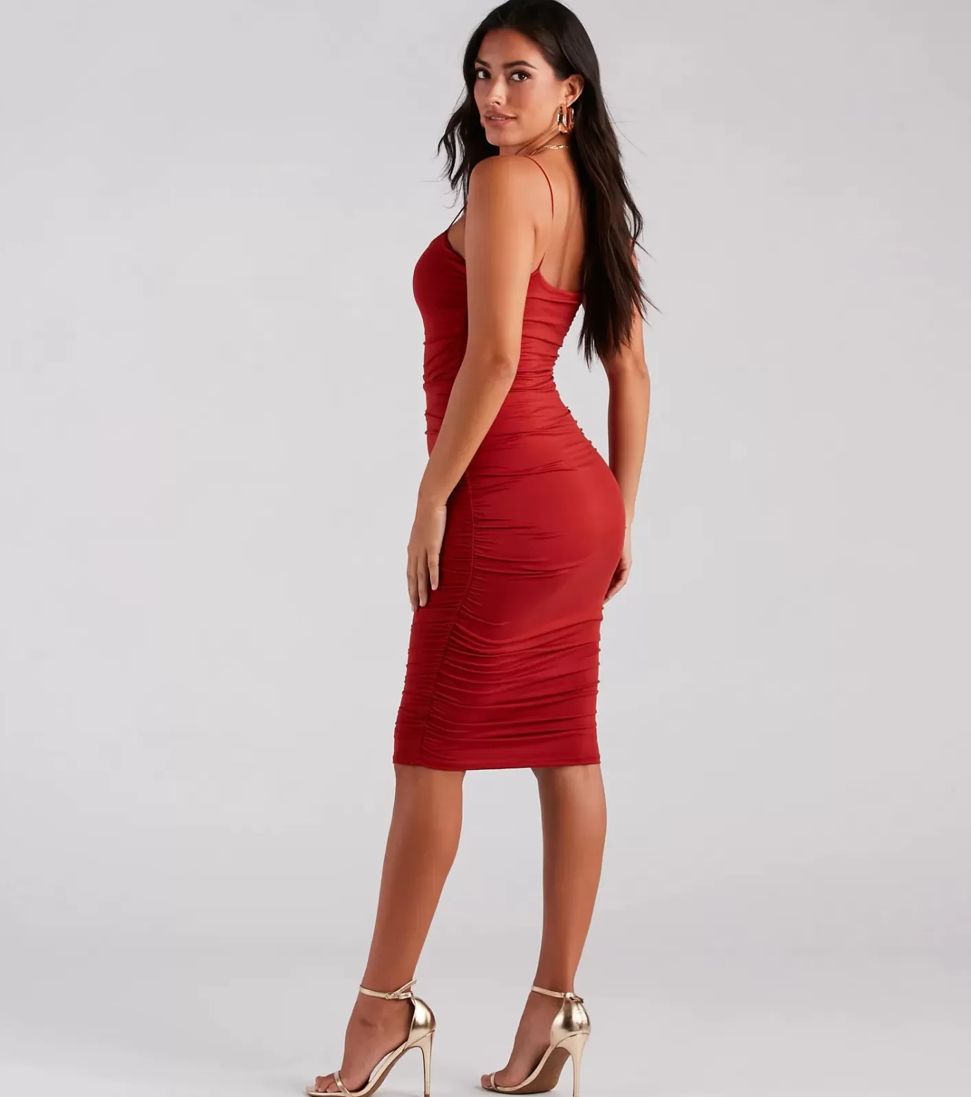 Windsor In The Details Basic Ruched Midi Dress RUST Cheap