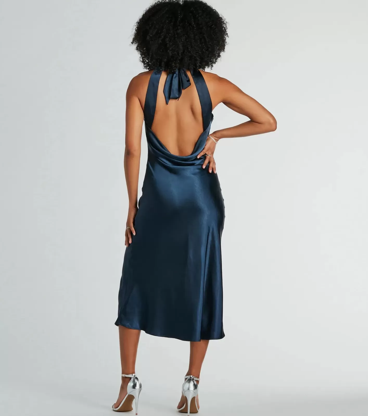 Windsor Ingrid Formal Satin Halter Dress NAVY New