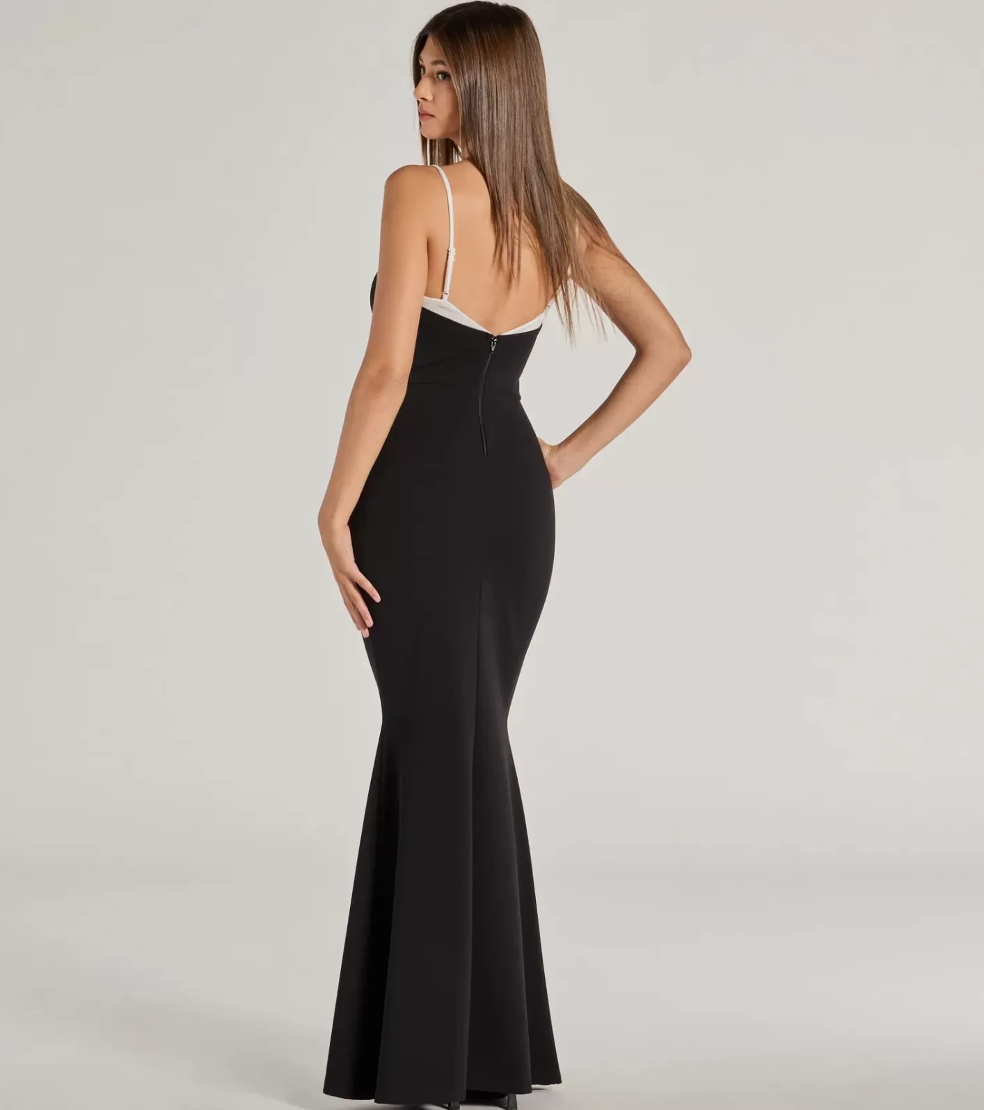 Windsor Irie Contrast Trim Long Crepe Mermaid Dress BLACK Fashion