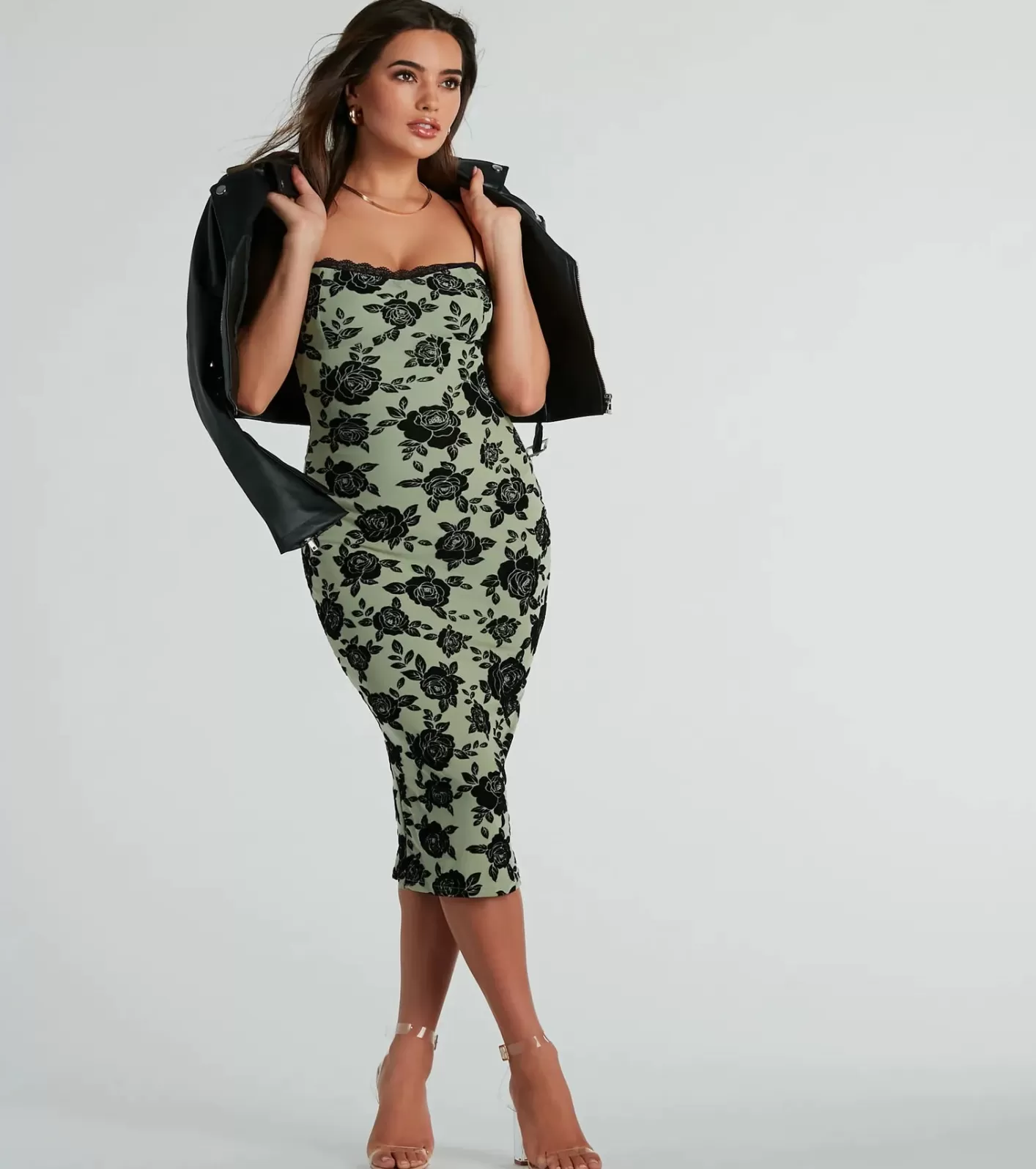 Windsor Irresistible Romance Rose Velvet Lace Midi Dress SAGE Outlet