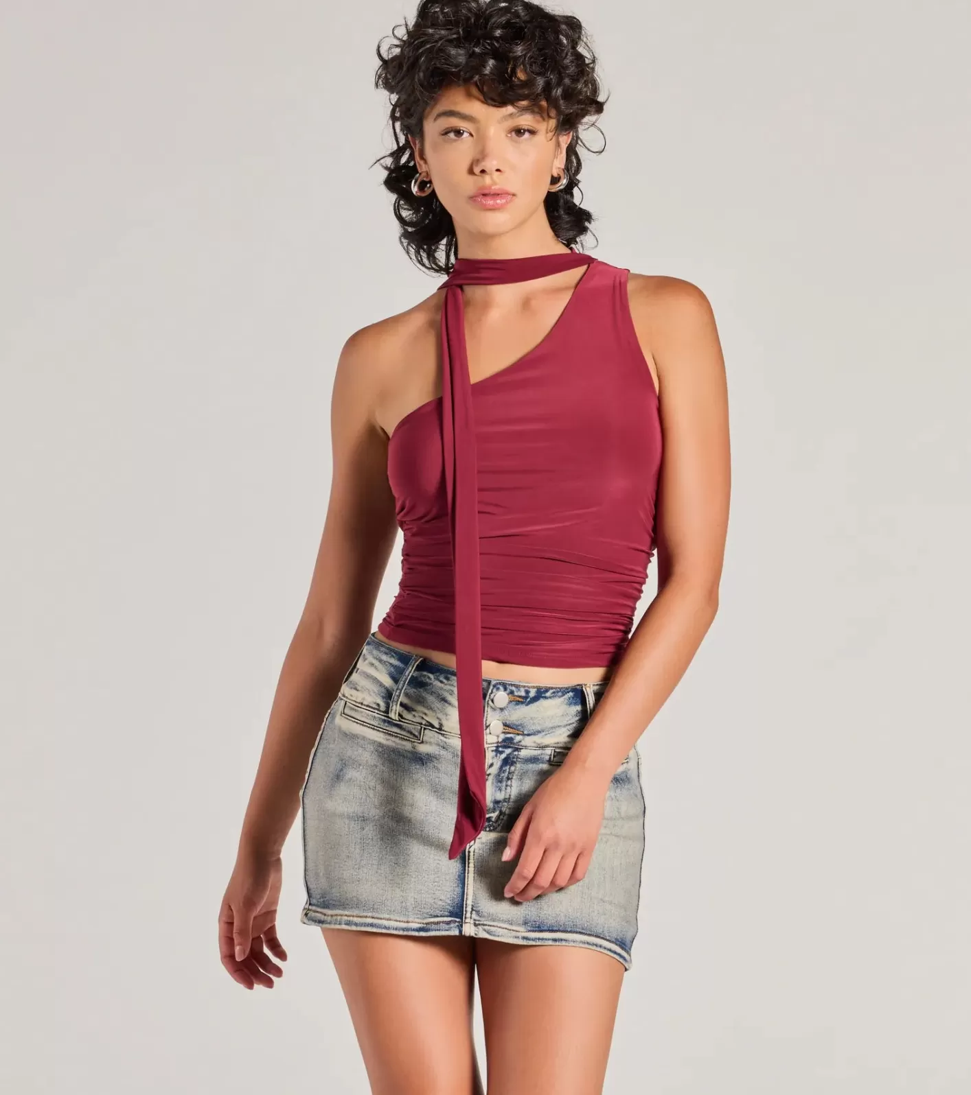 Windsor It-Girl Style One-Shoulder Neck Tie Knit Top BURGUNDY Best