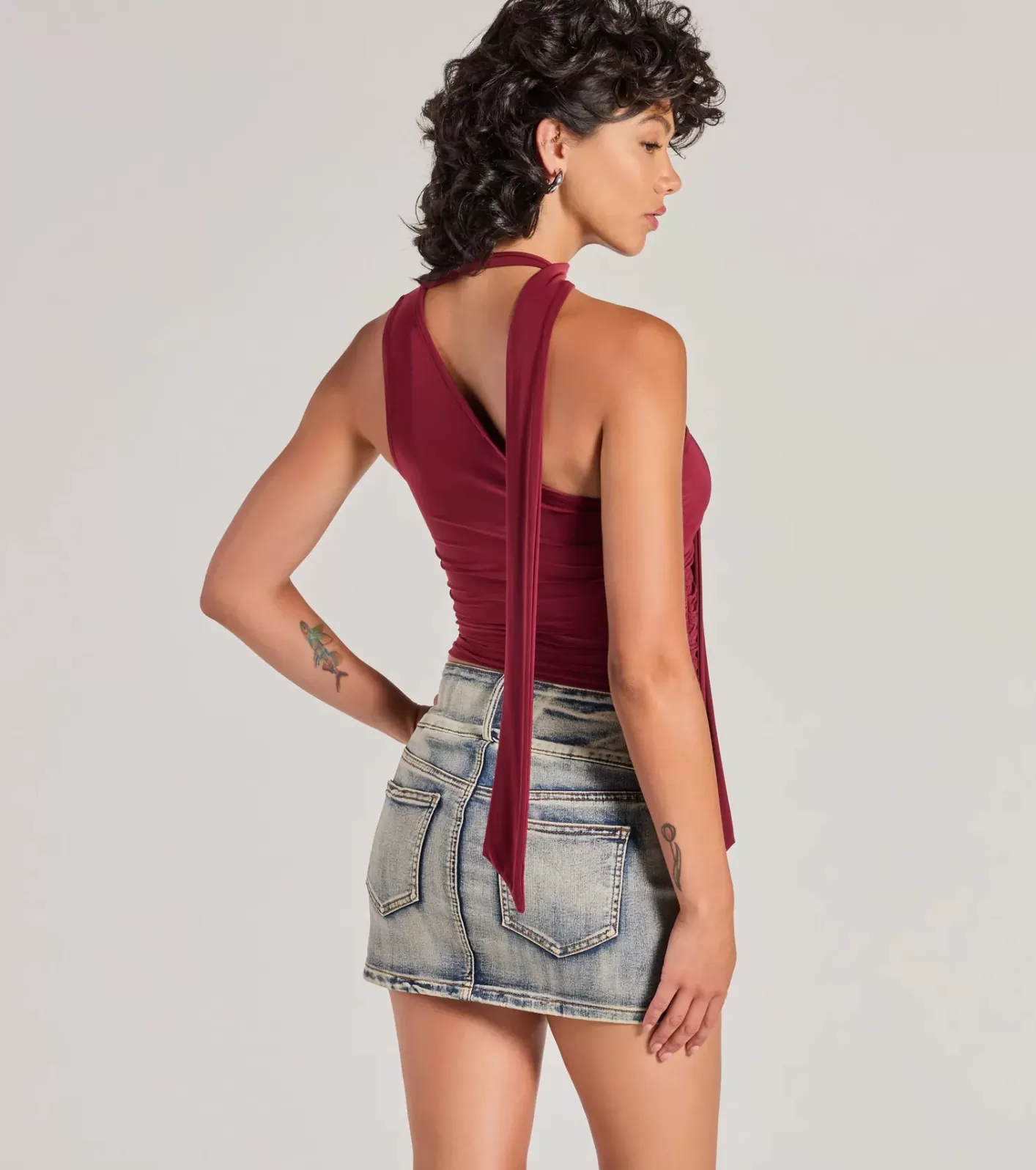 Windsor It-Girl Style One-Shoulder Neck Tie Knit Top BURGUNDY Best