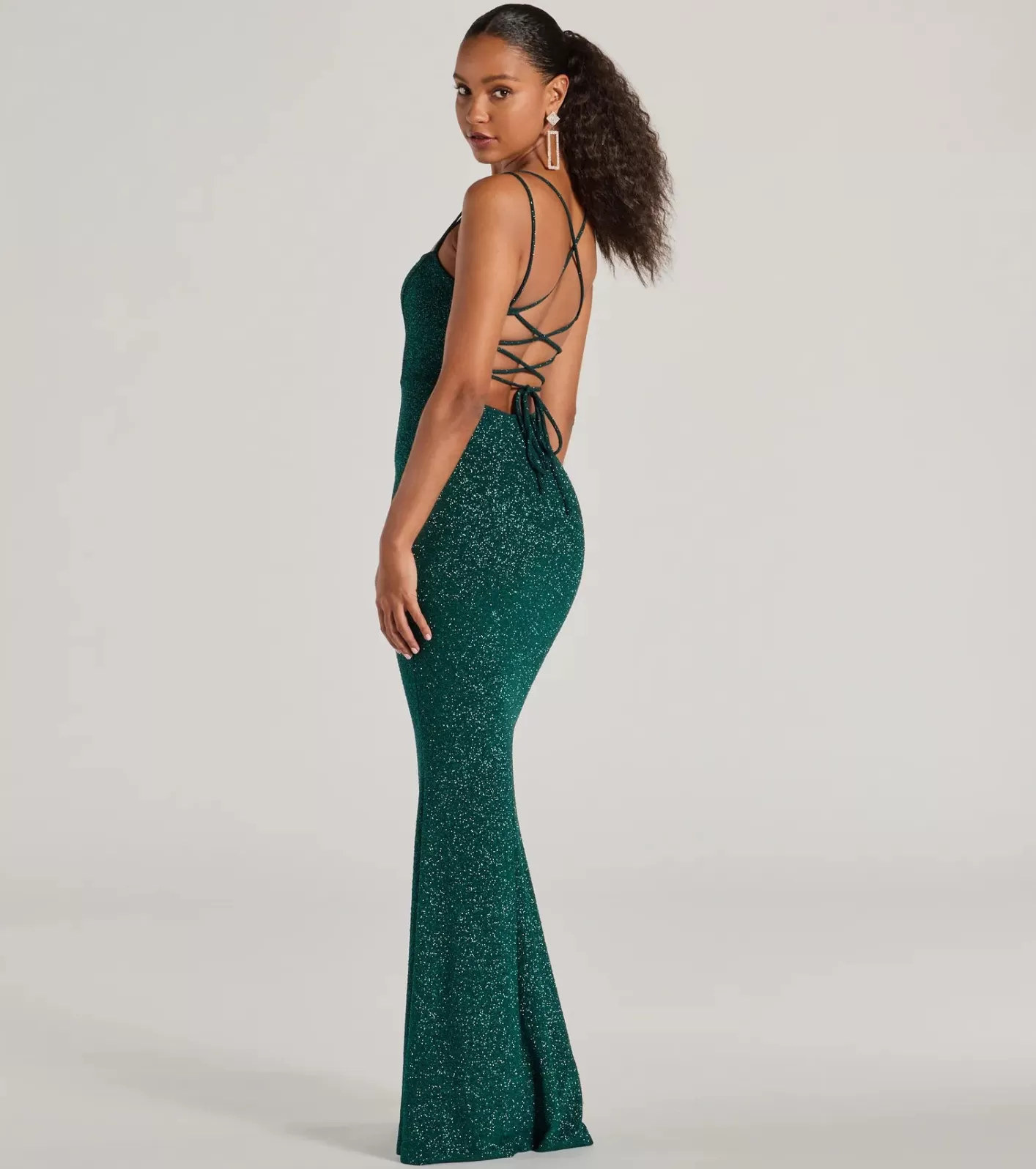 Windsor Jade Lace-Up Mermaid Glitter Formal Dress HUNTER Clearance