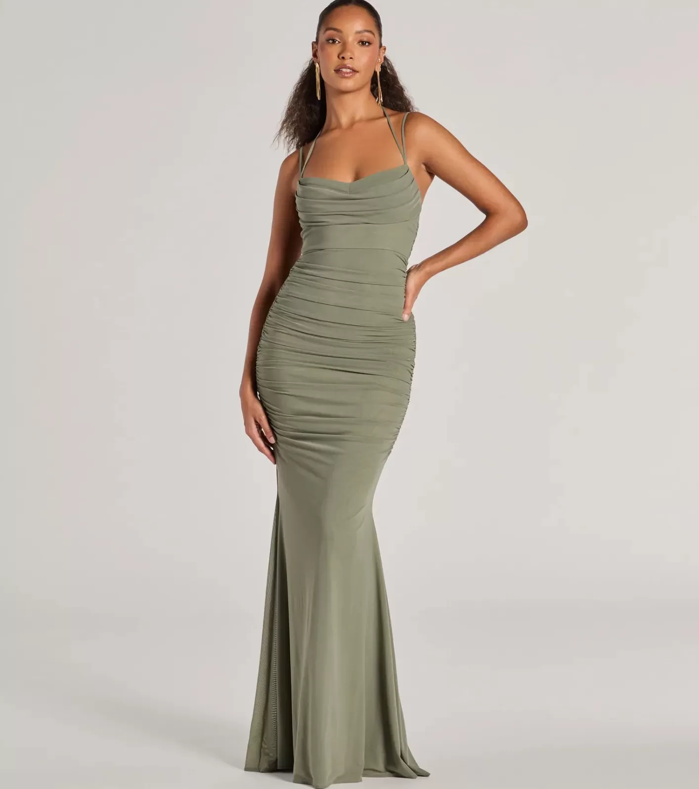 Windsor Jae Formal Mesh Ruched Mermaid Long Dress OLIVE Flash Sale