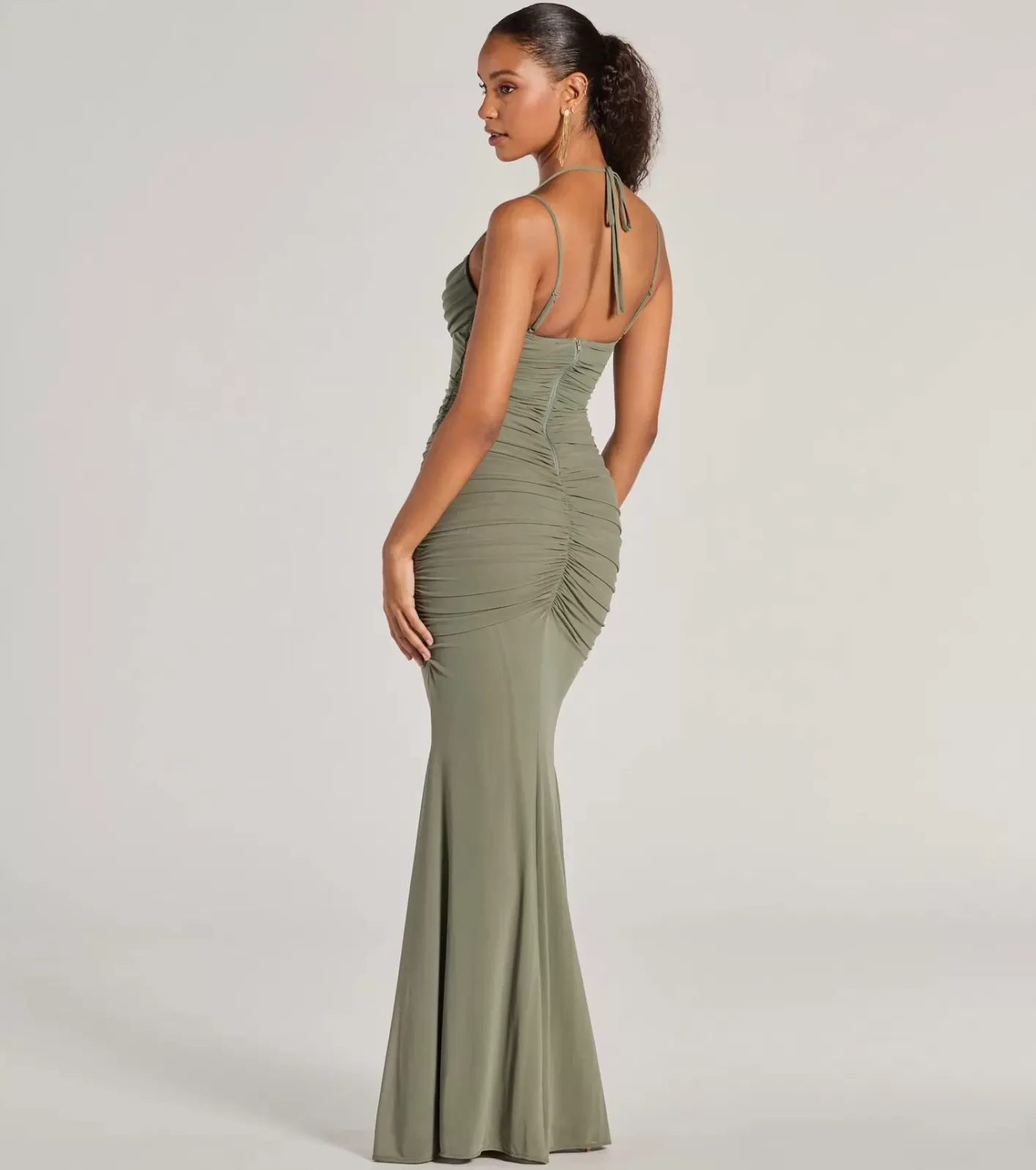 Windsor Jae Formal Mesh Ruched Mermaid Long Dress OLIVE Flash Sale