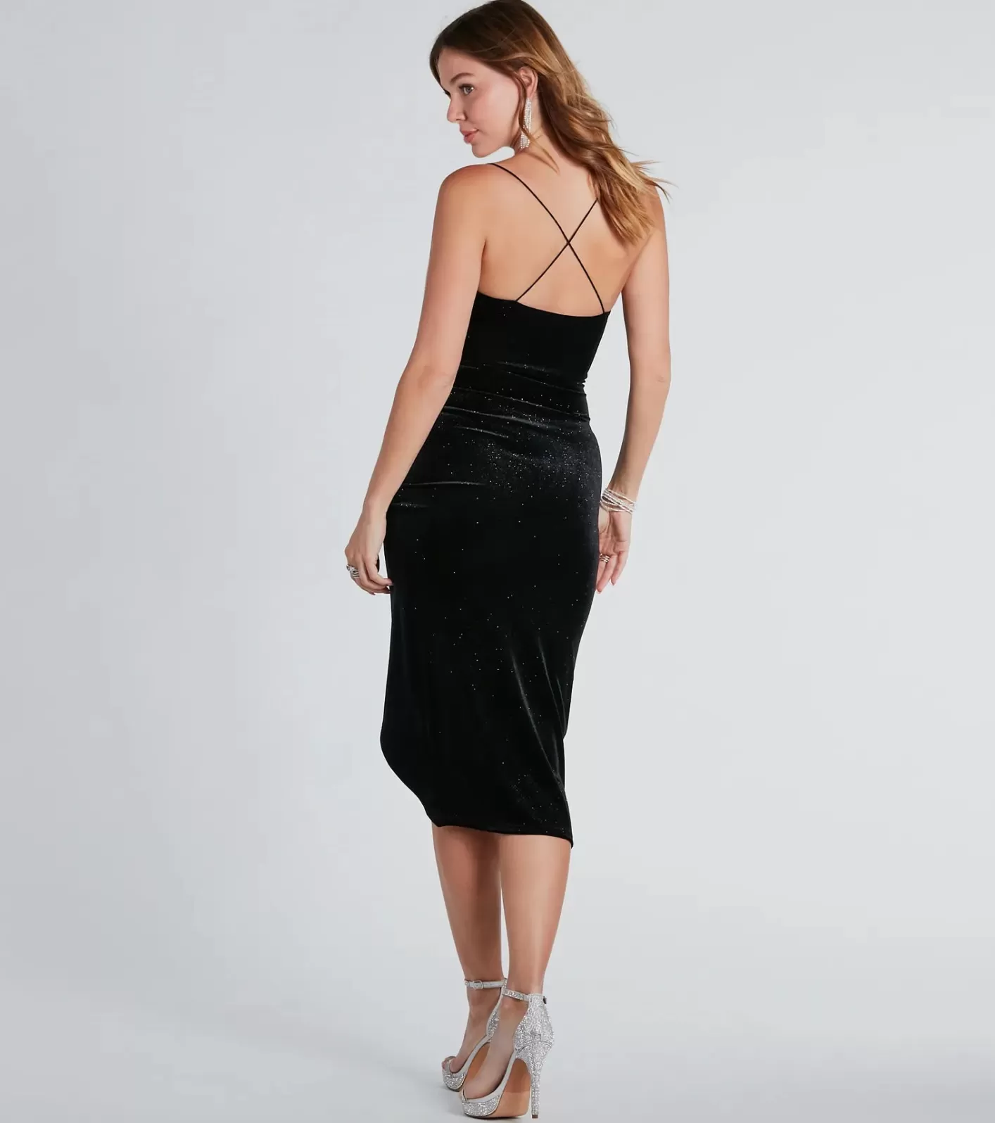 Windsor Jaylene Formal Velvet Glitter Midi Dress BLACK Discount