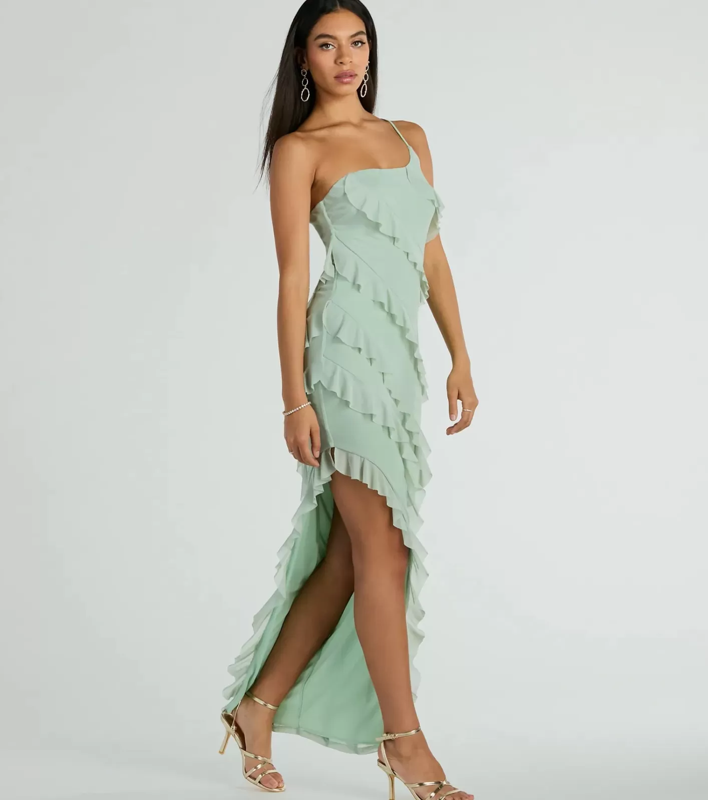 Windsor Jaymie One-Shoulder Ruffle Slit Formal Dress SAGE Discount