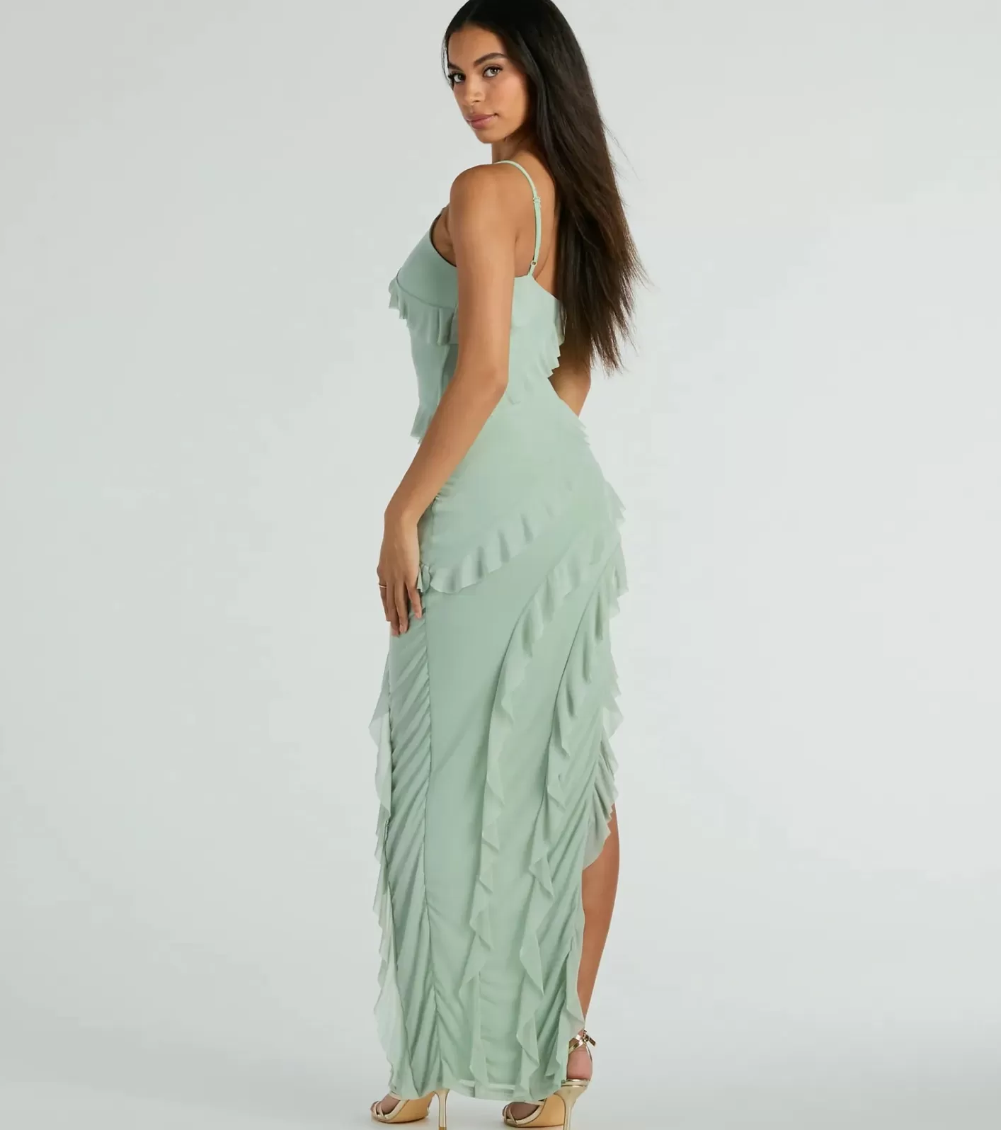 Windsor Jaymie One-Shoulder Ruffle Slit Formal Dress SAGE Discount