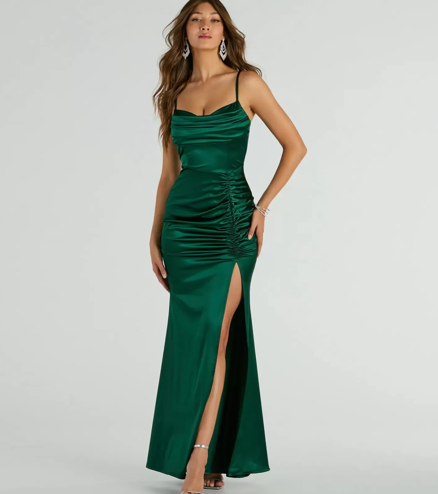 Windsor Jazmine Cowl Neck Slit A-Line Satin Formal Dress HUNTER Best