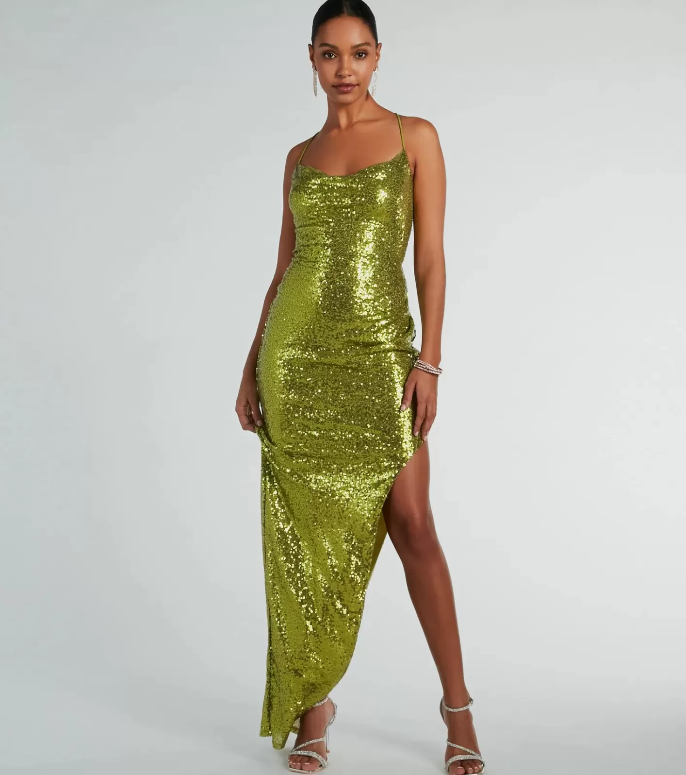 Windsor Jennifer Strappy Back High Slit Sequin Formal Dress CHARTREUSE Discount