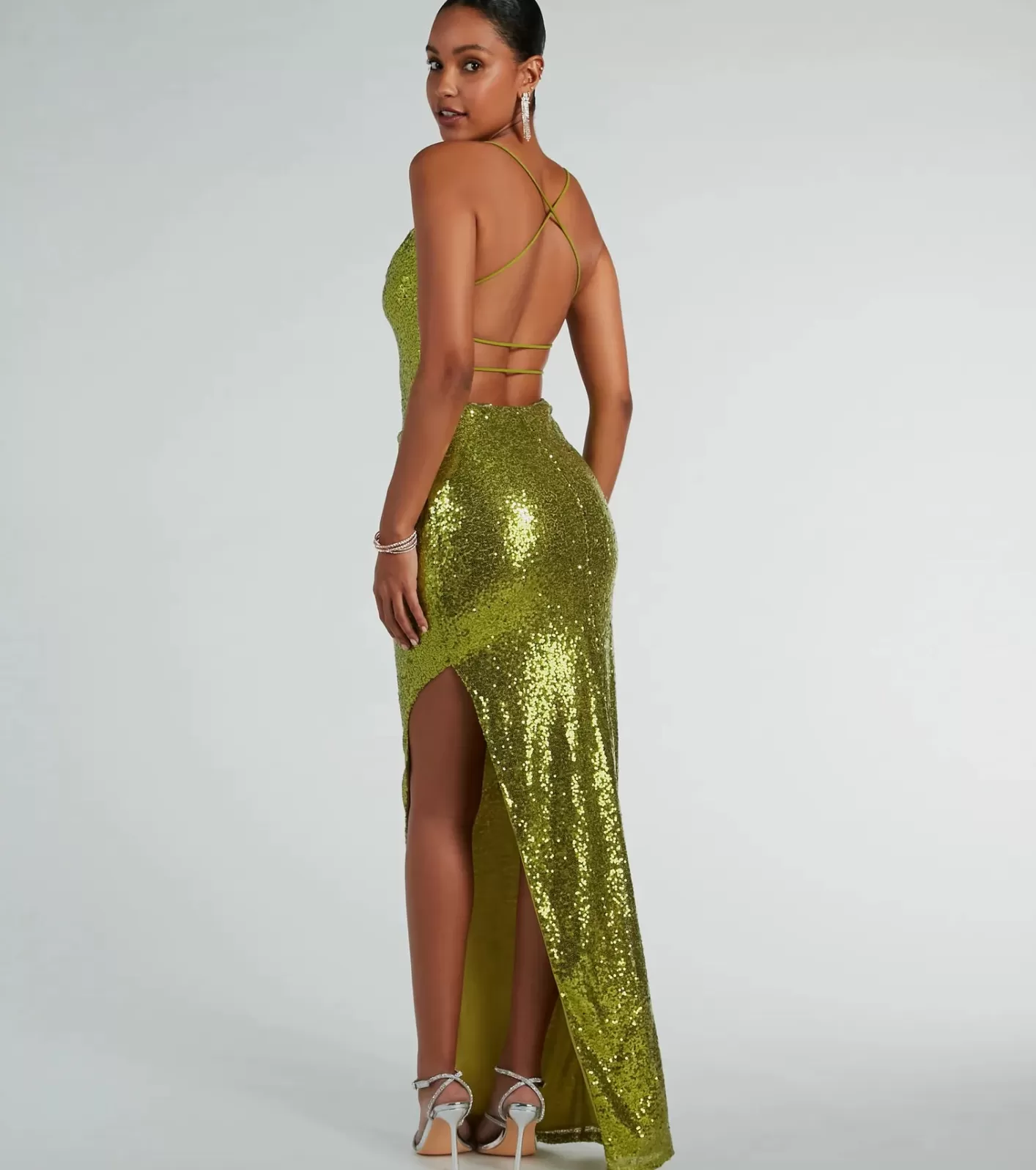 Windsor Jennifer Strappy Back High Slit Sequin Formal Dress CHARTREUSE Discount