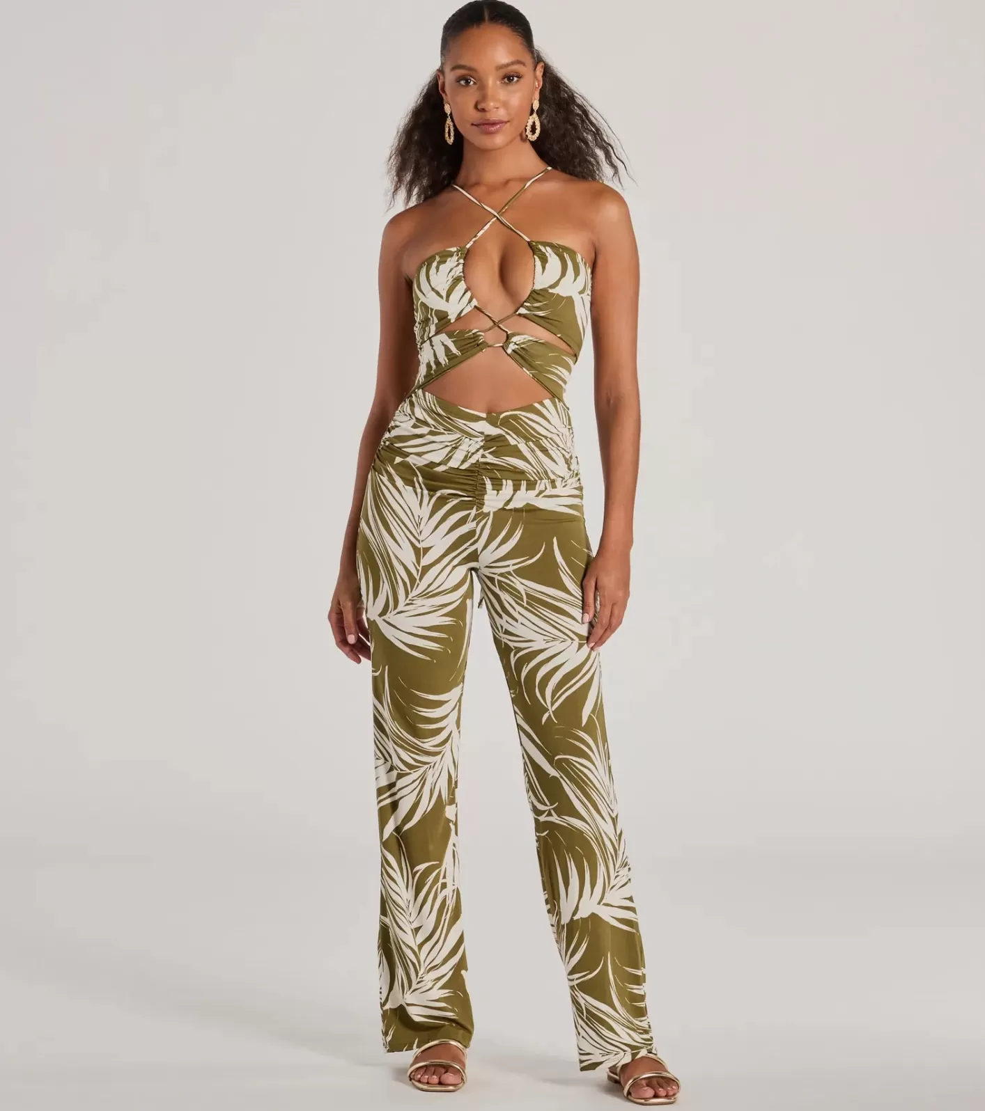 Windsor Jet-Set to Paradise Strappy Cutout Tropical Knit Jumpsuit OLIVE Best