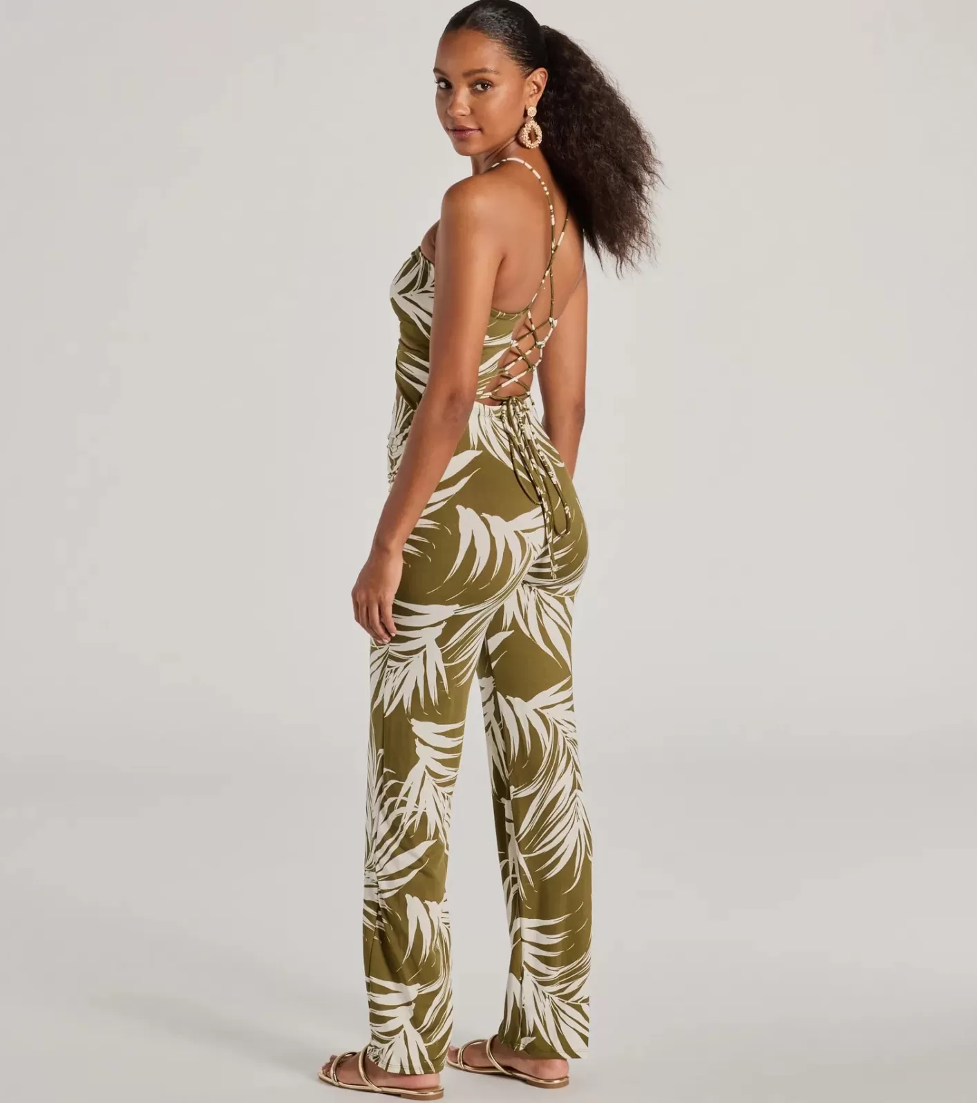 Windsor Jet-Set to Paradise Strappy Cutout Tropical Knit Jumpsuit OLIVE Best