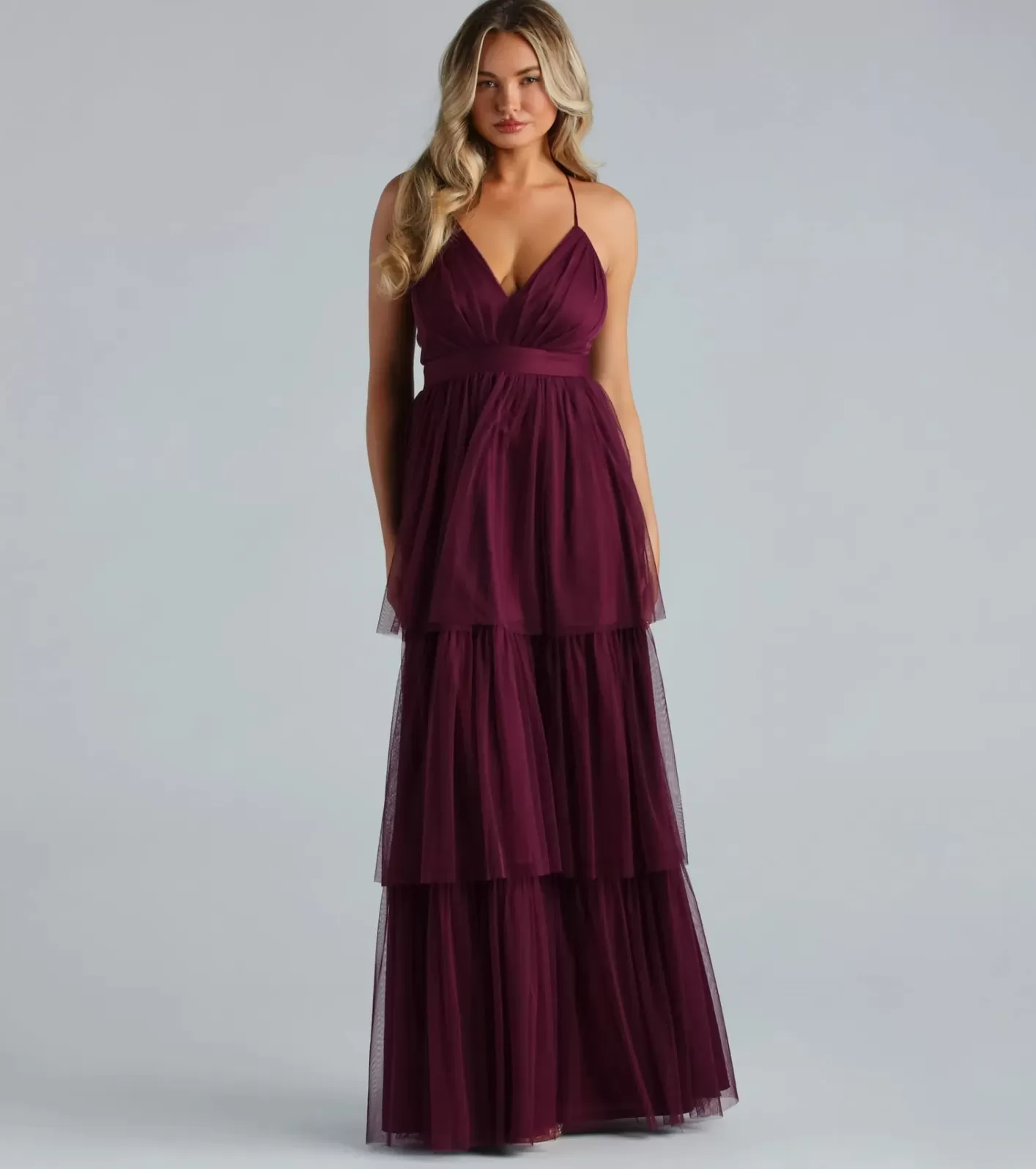 Windsor Joselyn Formal Mesh Ruffled A-Line Dress PLUM Outlet