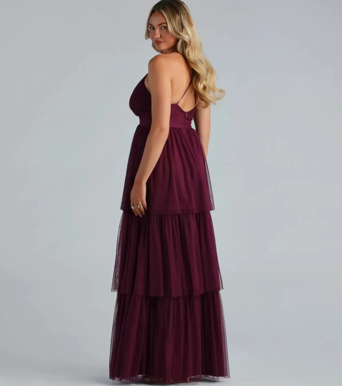Windsor Joselyn Formal Mesh Ruffled A-Line Dress PLUM Outlet