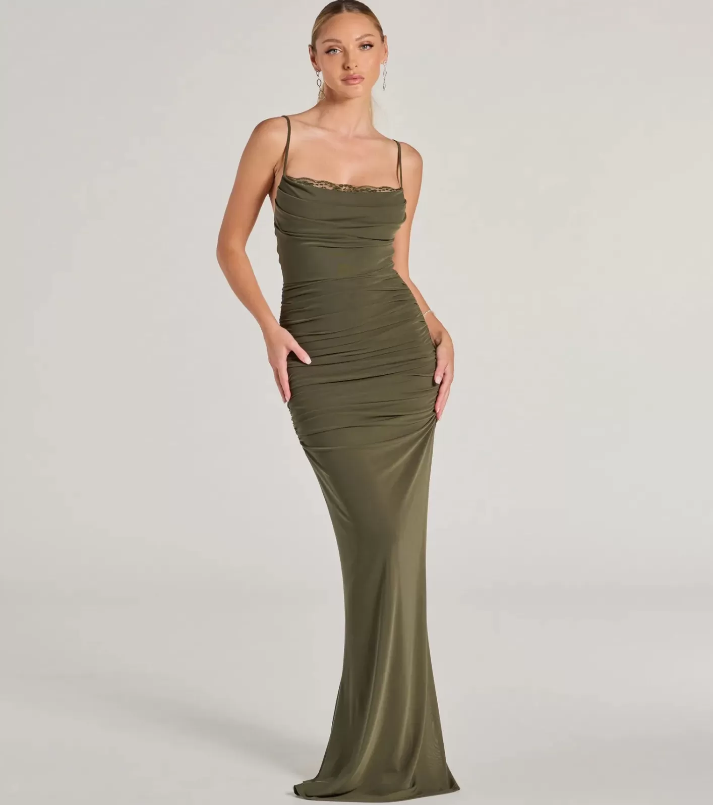 Windsor Julane Cowl Neck Ruched Mermaid Dress OLIVE Fashion