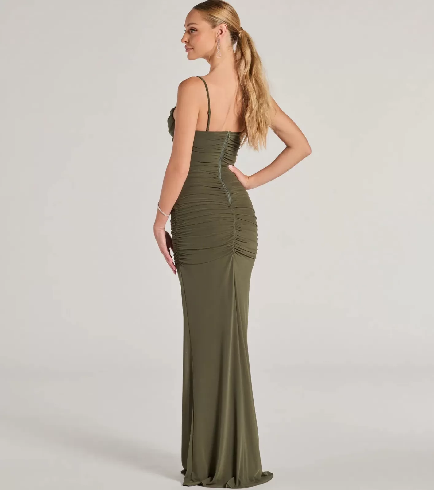 Windsor Julane Cowl Neck Ruched Mermaid Dress OLIVE Fashion