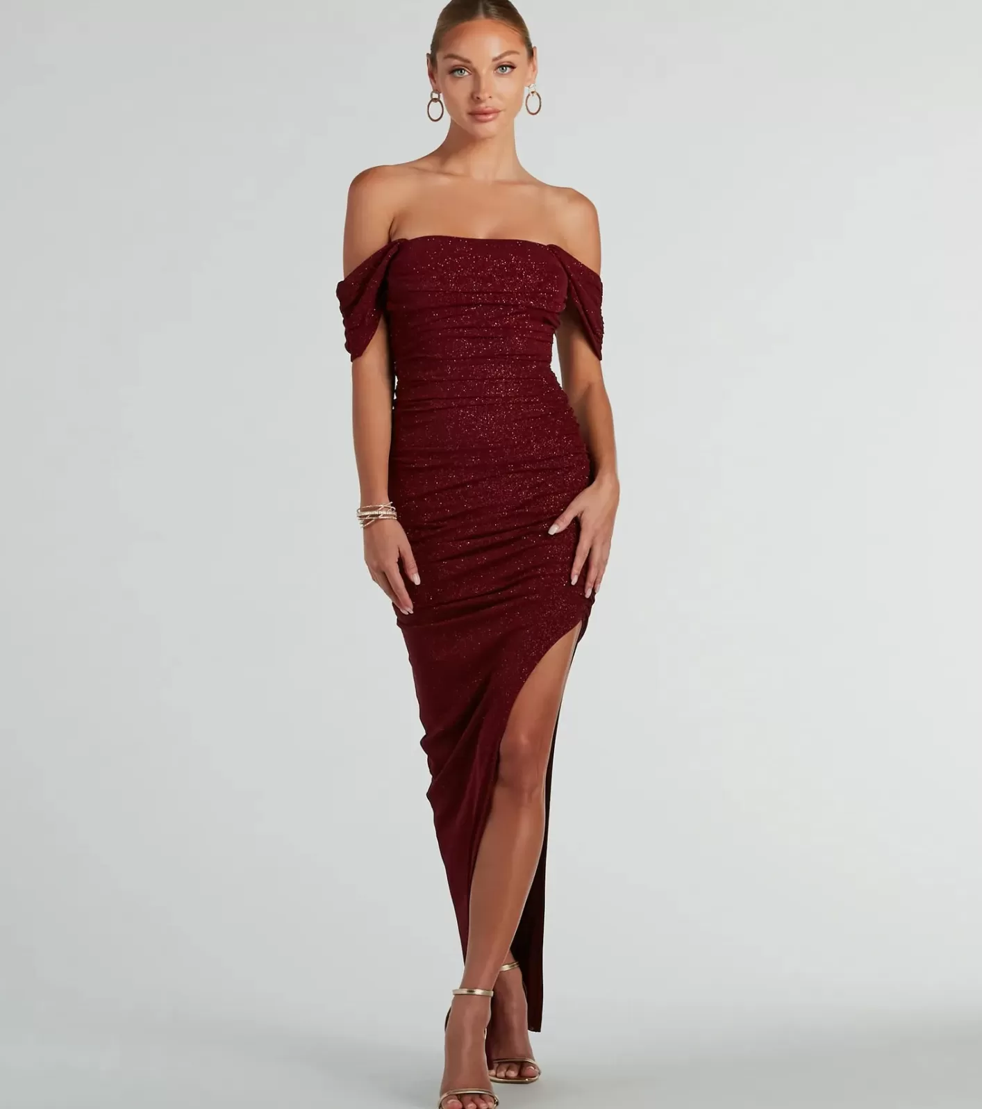 Windsor Kairi Off-The-Shoulder Glitter Mesh Formal Dress WINE Best Sale