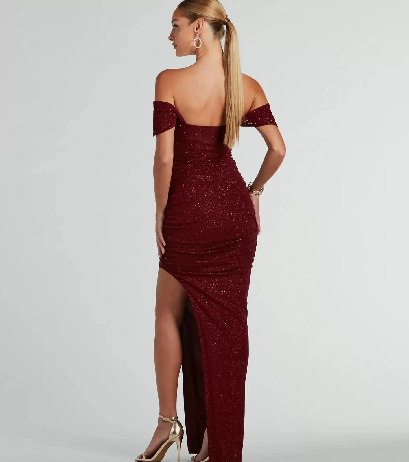Windsor Kairi Off-The-Shoulder Glitter Mesh Formal Dress WINE Best Sale