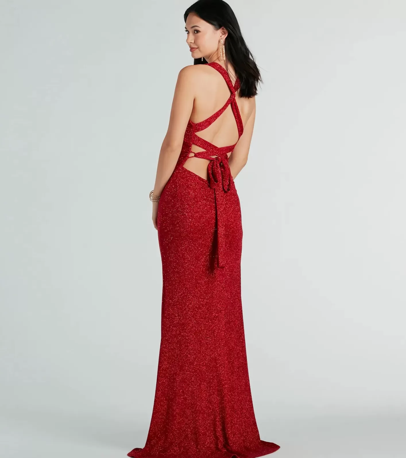 Windsor Kat Formal Glitter Lace-Up Long Dress RED Best