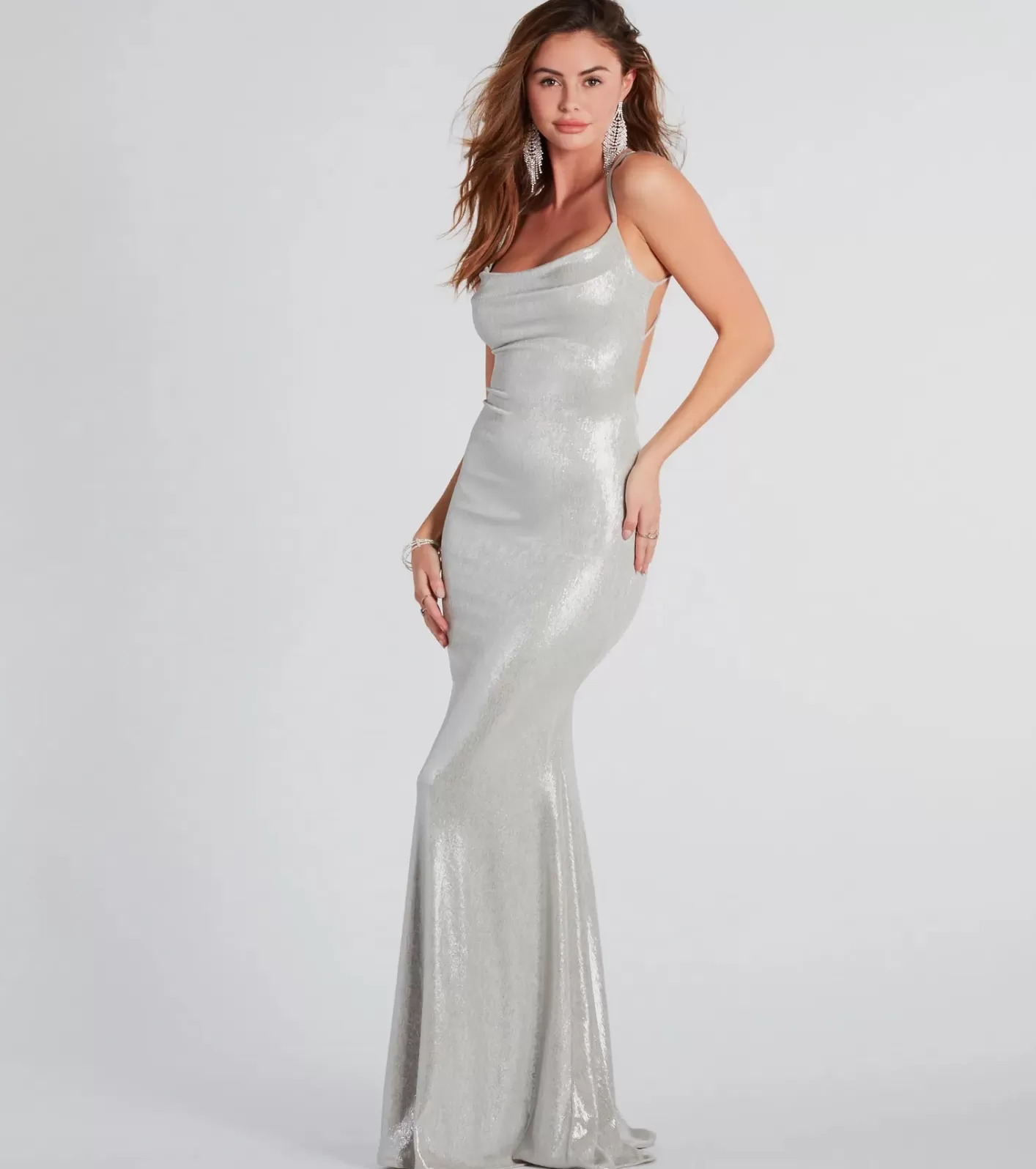 Windsor Kate Formal Metallic Open Back Mermaid Dress SILVER Cheap