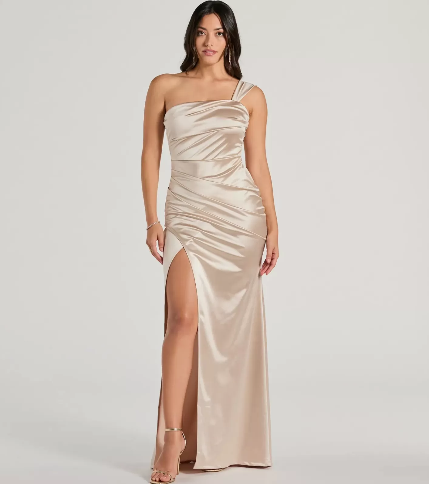 Windsor Kathie Formal Satin One-Shoulder Dress GOLD Hot