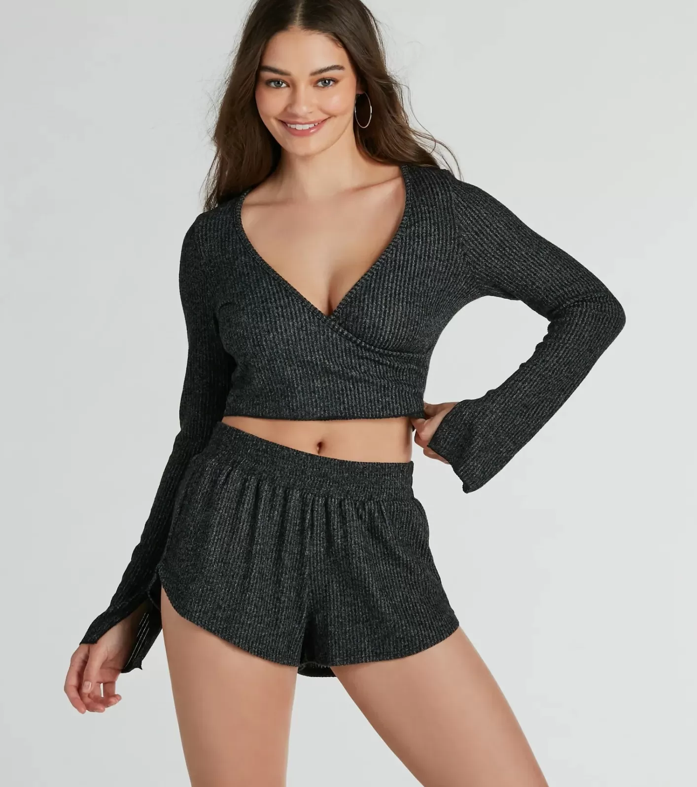 Windsor Keep It Chill Long Sleeve Ribbed Knit Pajama Top BLACK Cheap