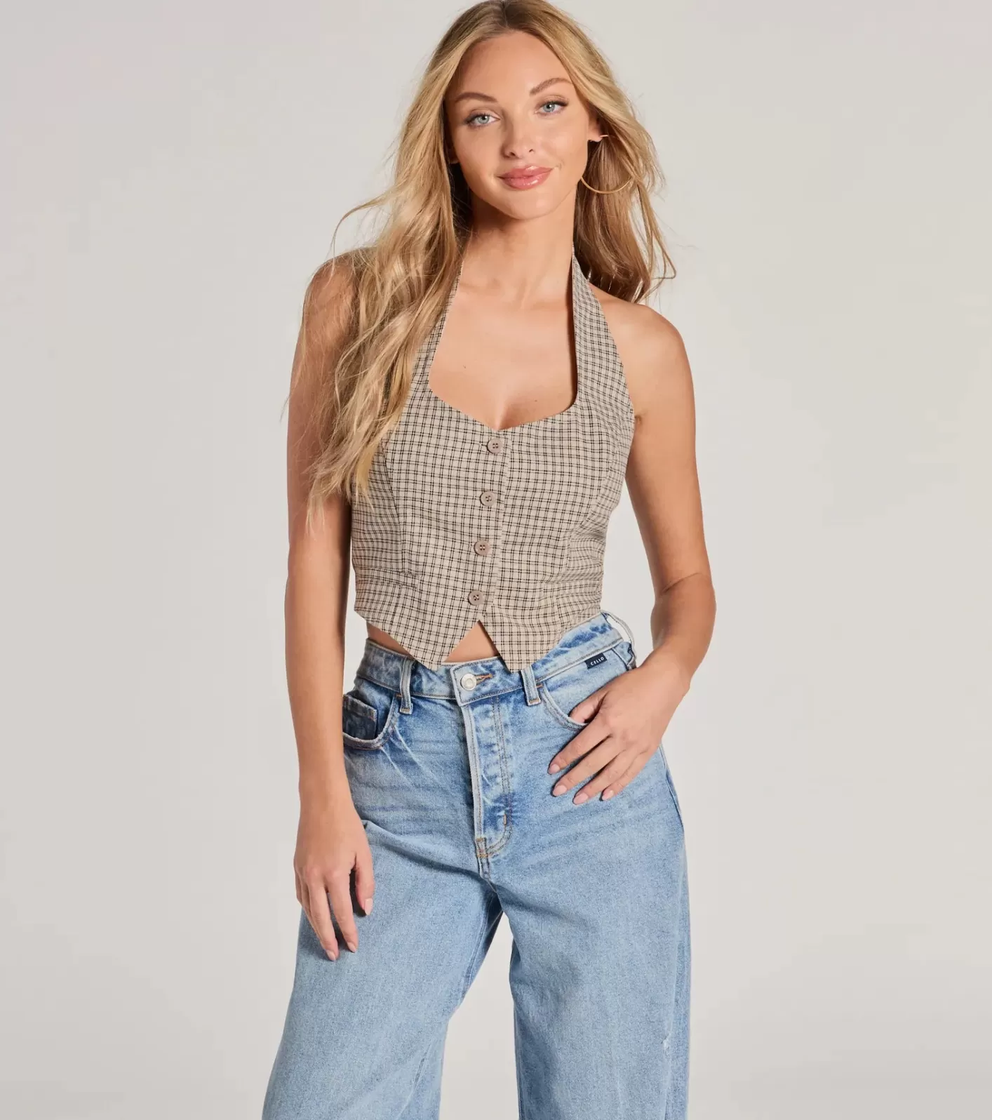 Windsor Keep On Charming Plaid Linen Cropped Vest TAUPE Outlet